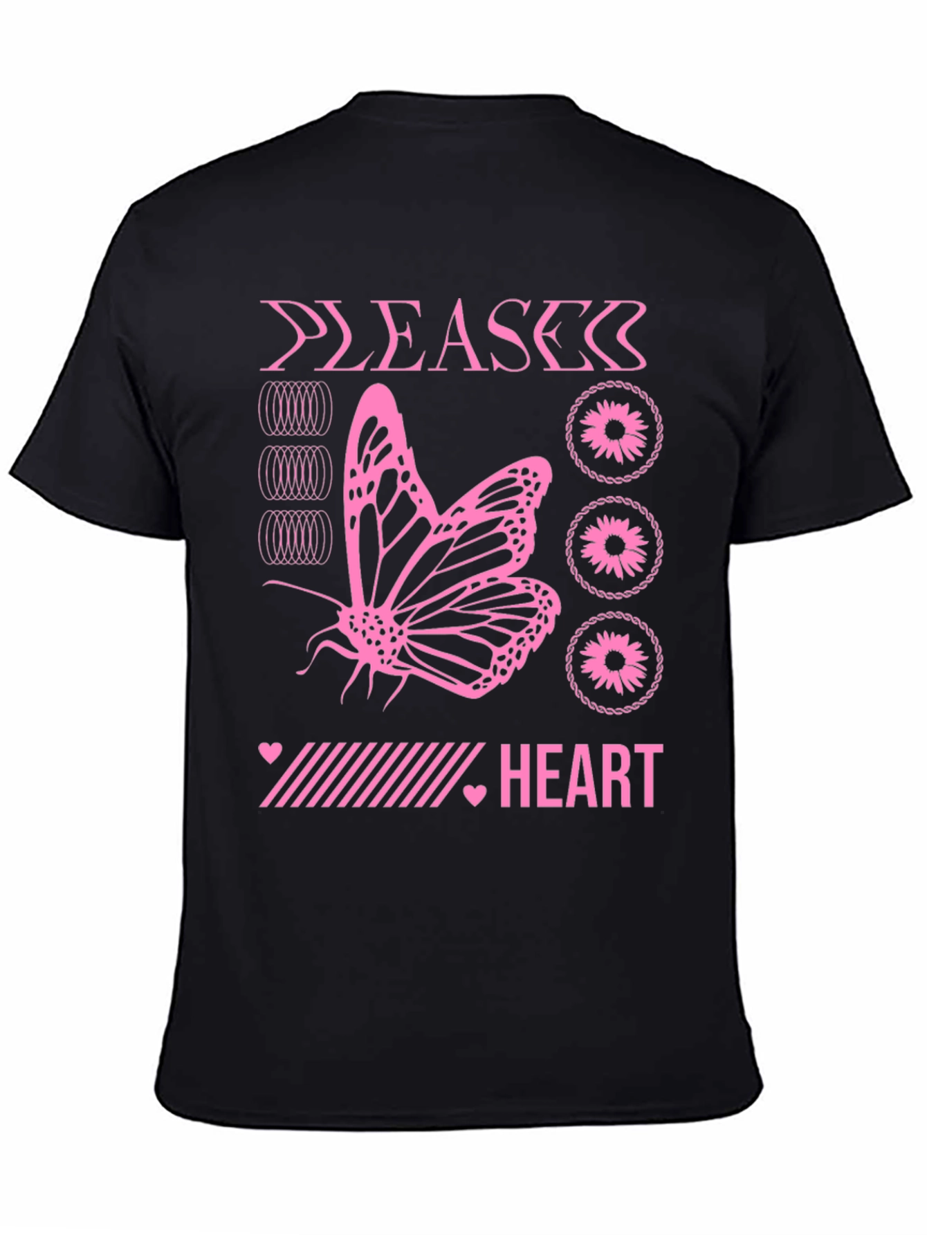 Pink Butterfly Heart Graphic Black T-Shirt