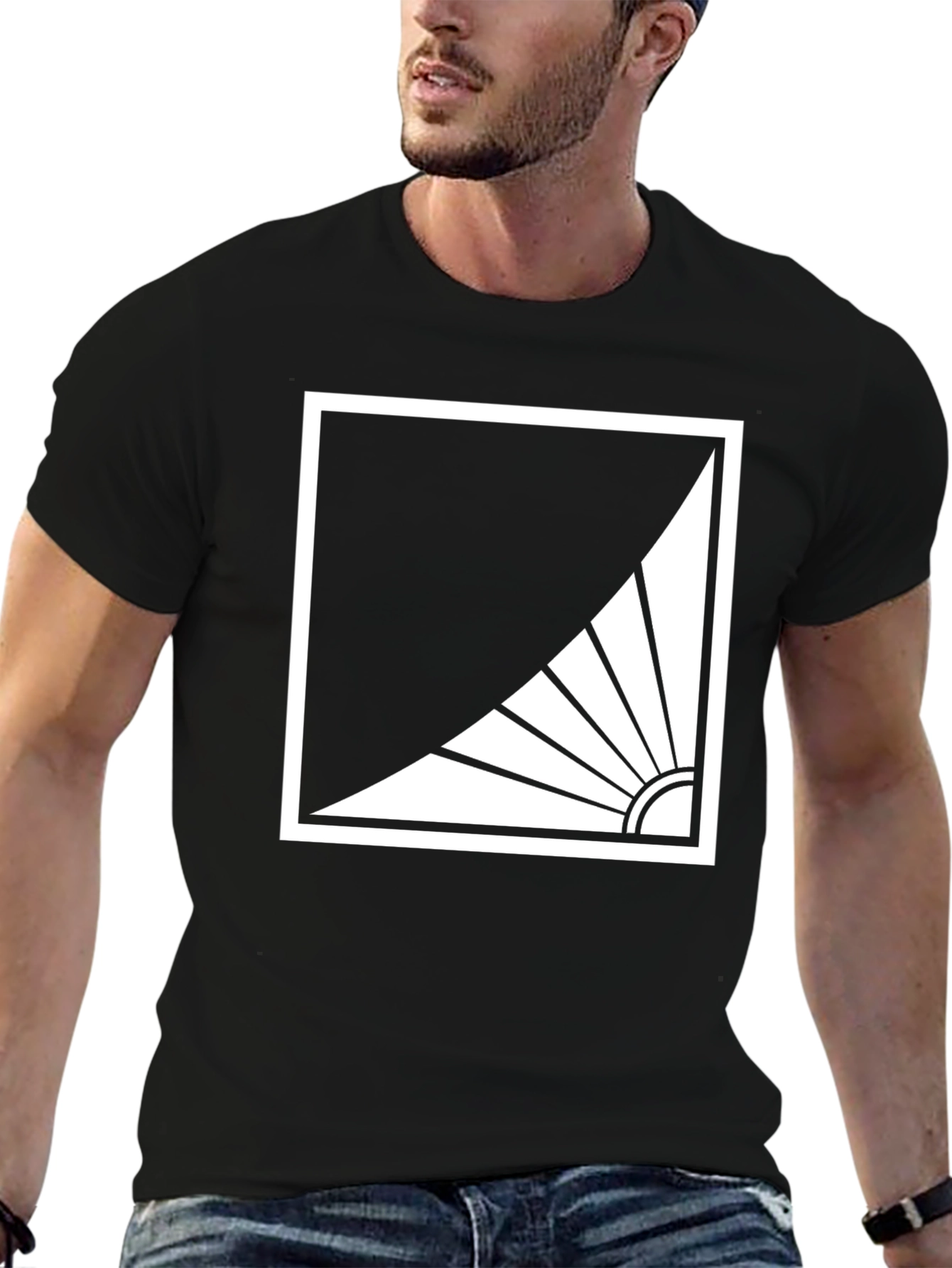 Modern Black T-Shirt with Abstract Sun Design