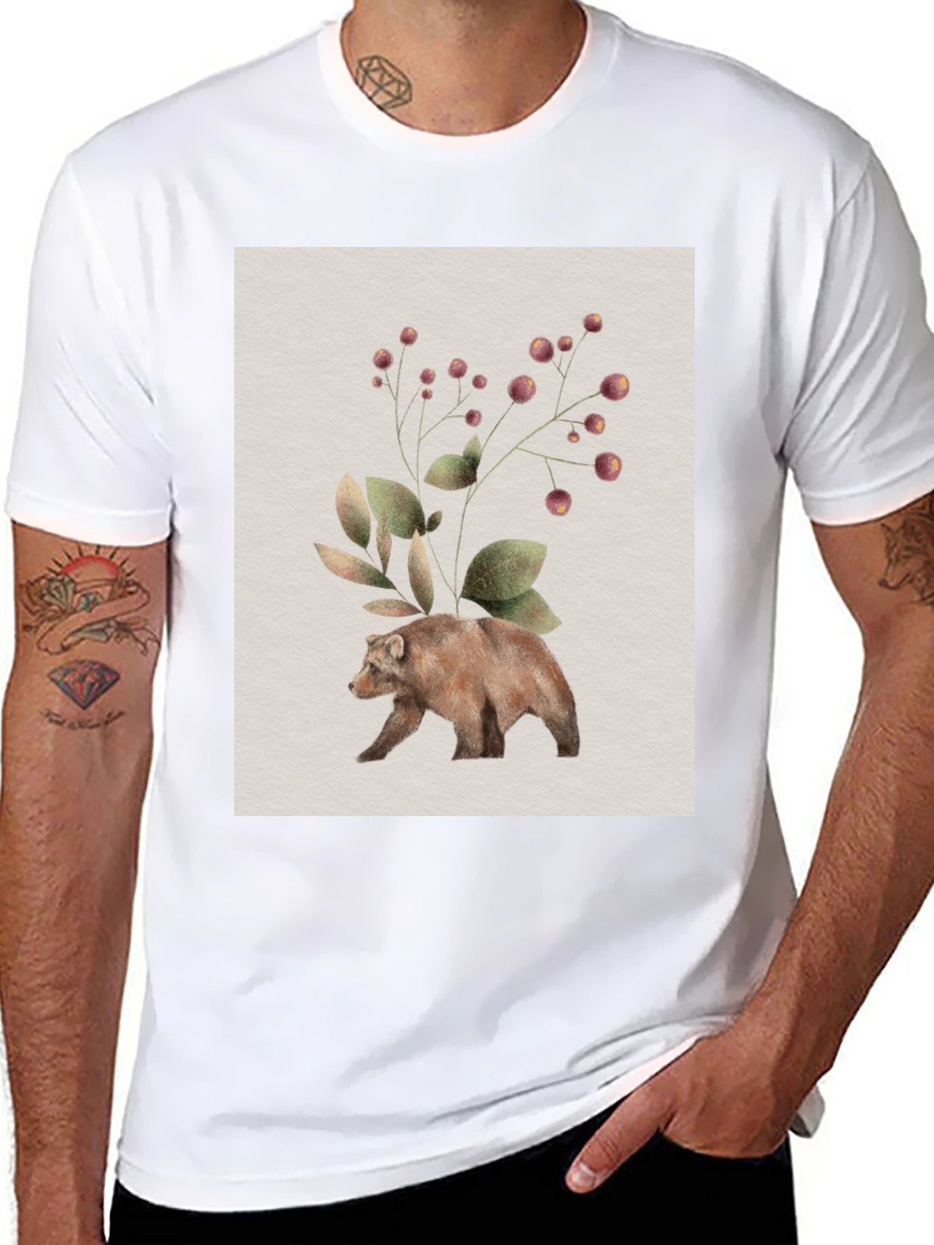 Botanical Bear Graphic Tee - Nature Inspired Design