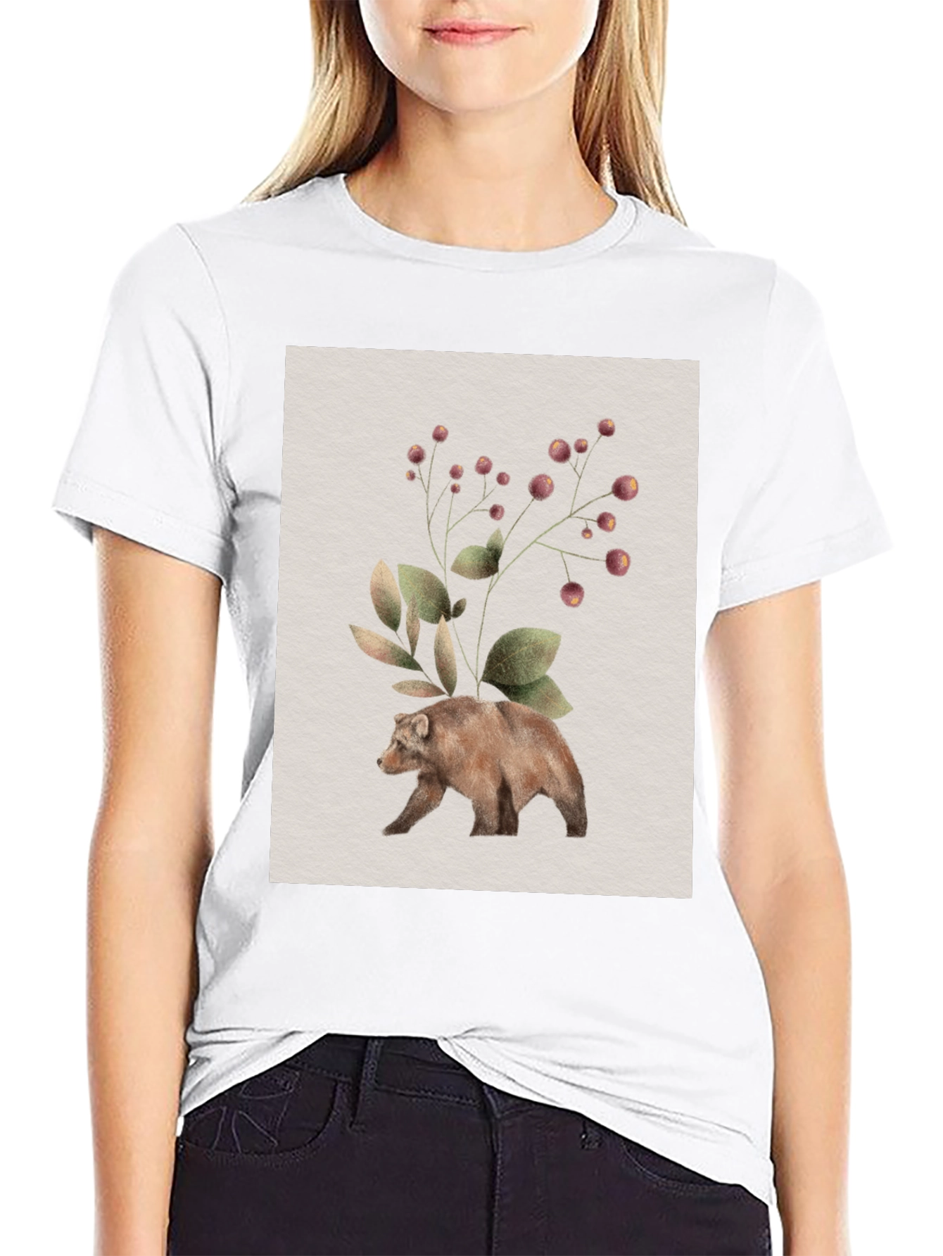 Botanical Bear Graphic Tee - Nature Inspired Design