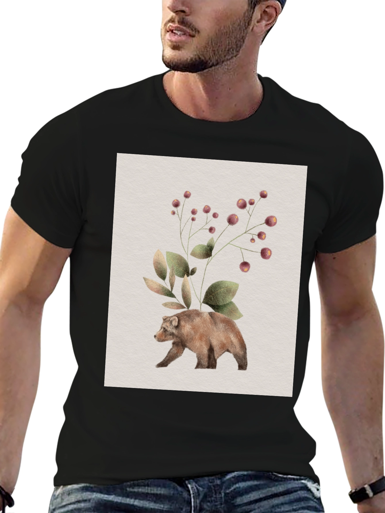 Botanical Bear Graphic Tee - Nature Inspired Design