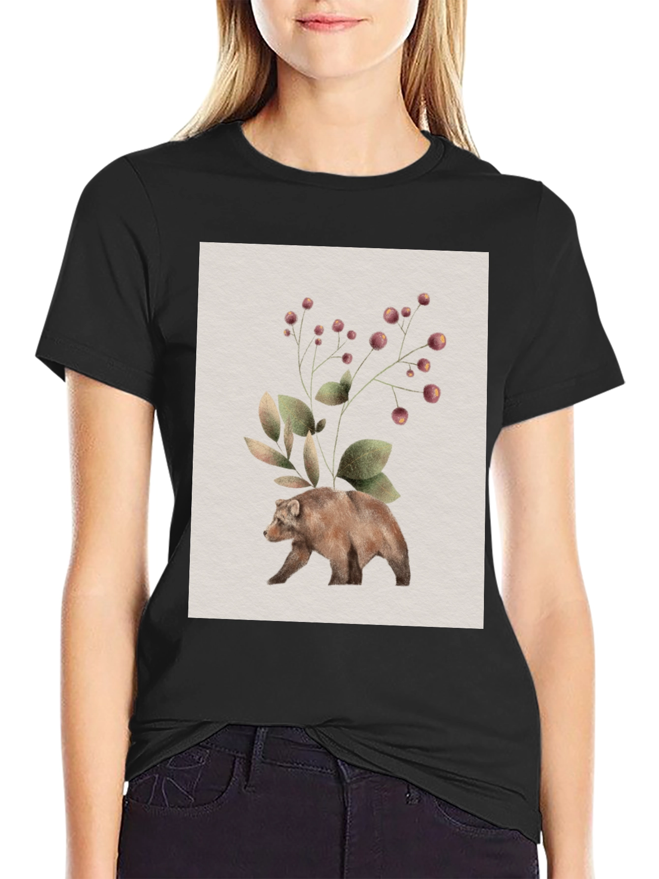 Botanical Bear Graphic Tee - Nature Inspired Design