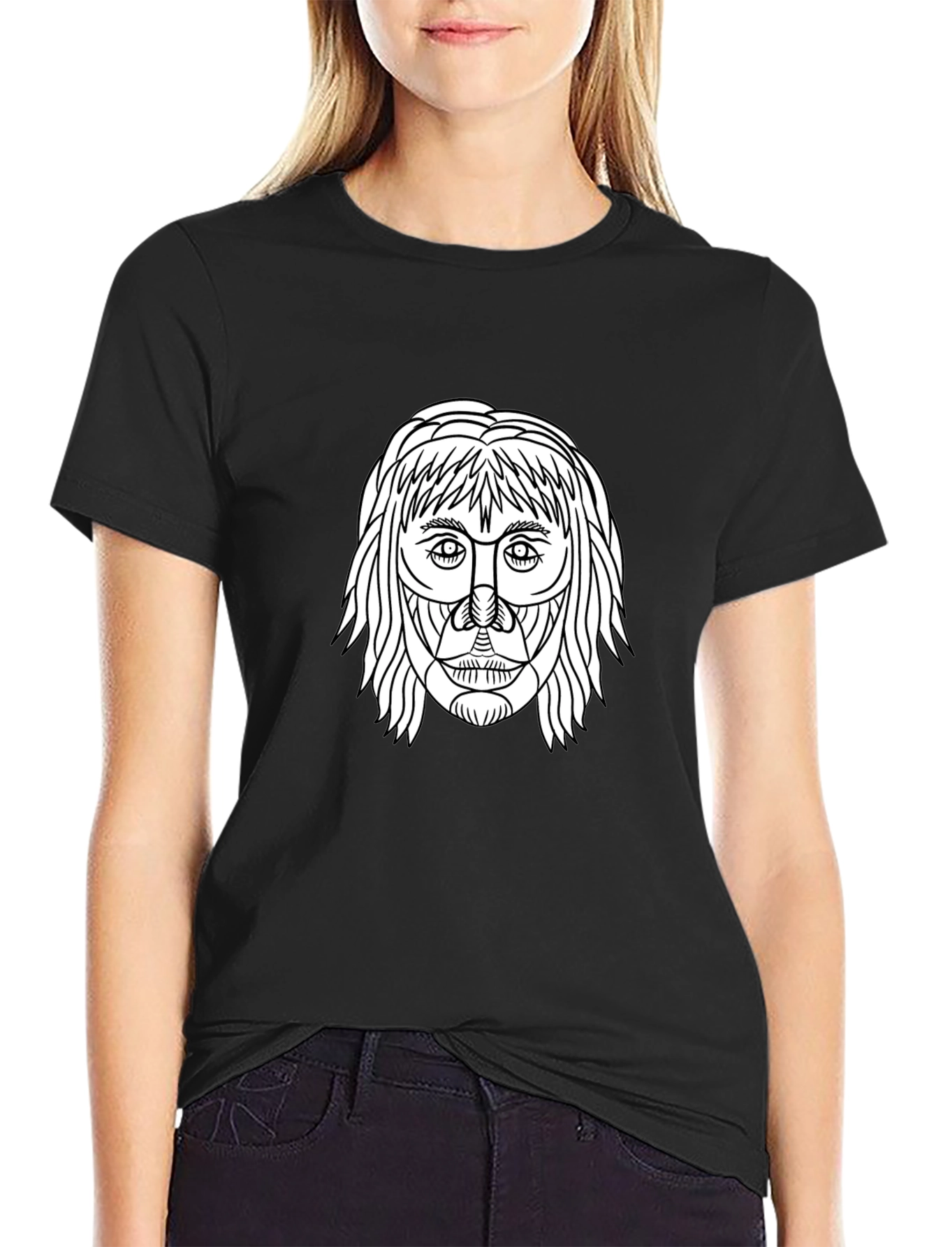 Abstract Face Graphic Tee - Black Cotton Casual Shirt