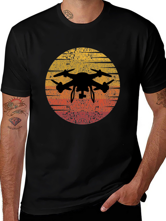 Retro Sunset Drone Graphic Tee -  Vintage Style Black T-Shirt