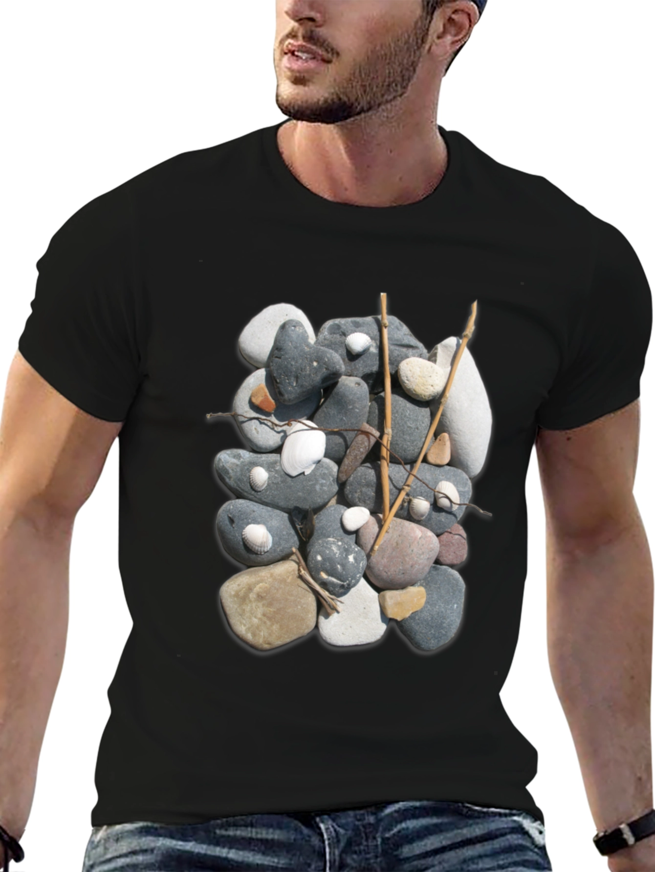Stone and Stick Design Black T-Shirt