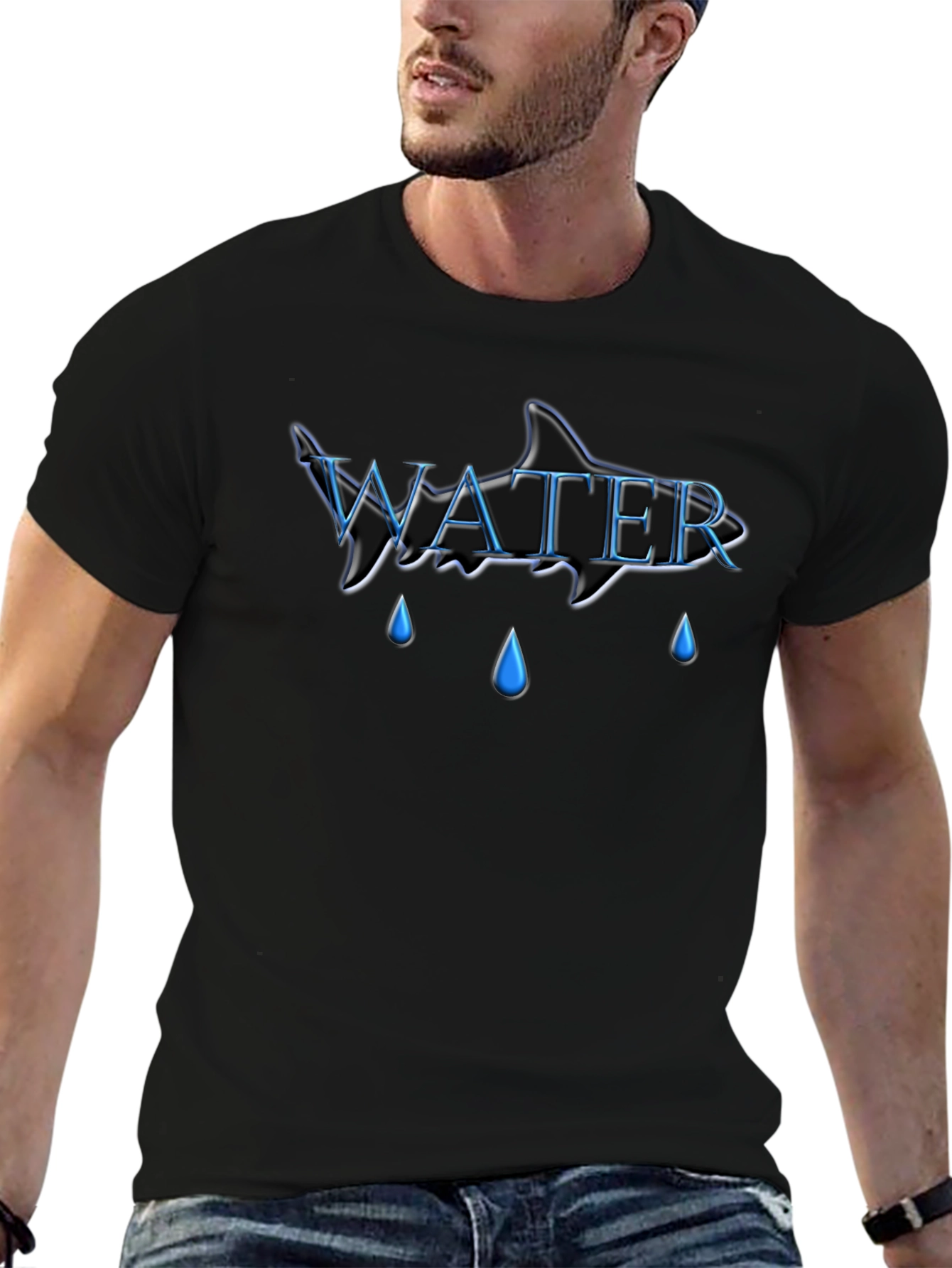 Water Shark Design Black Cotton Tee