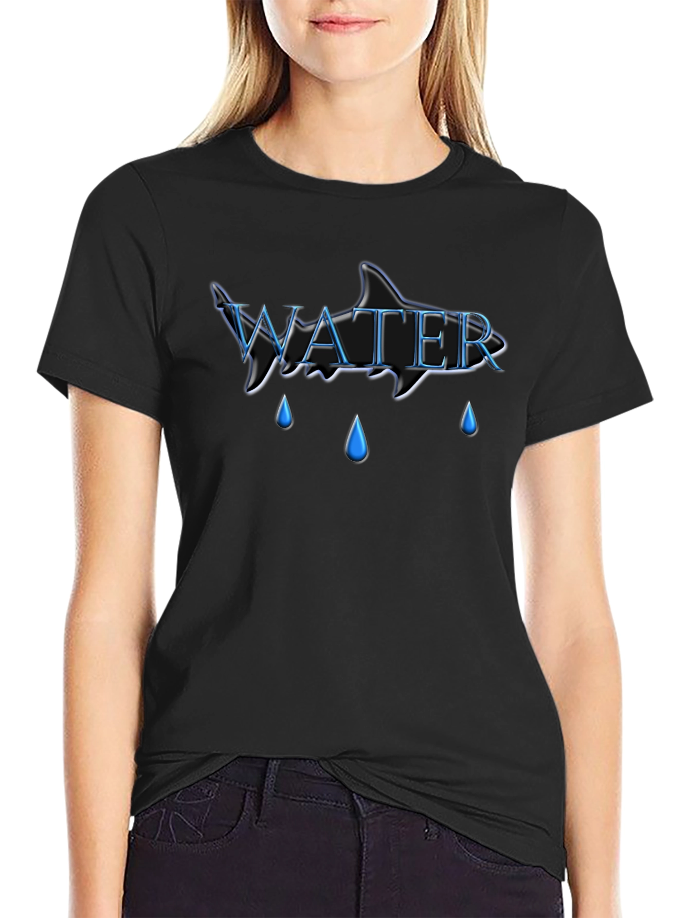 Water Shark Design Black Cotton Tee