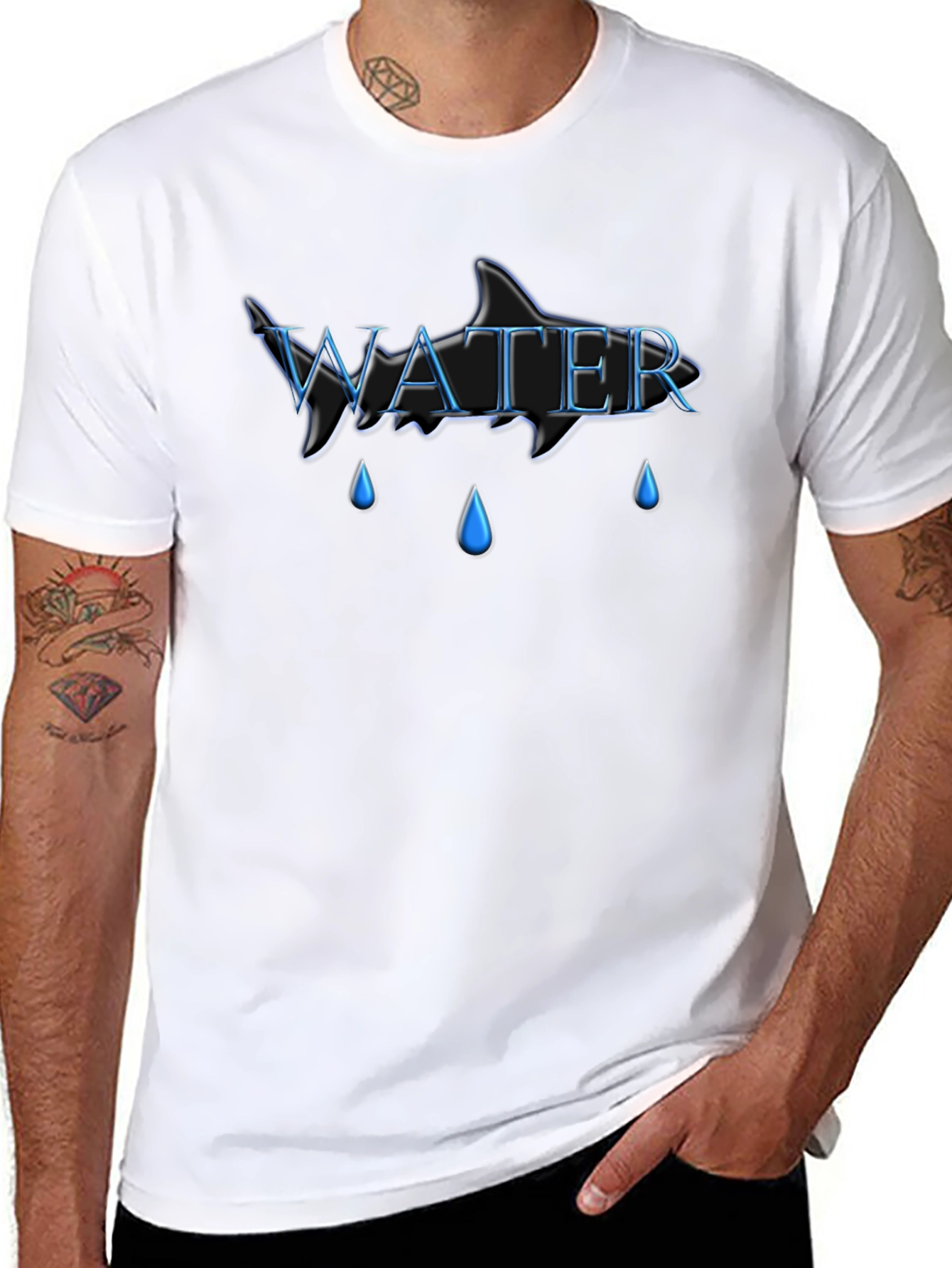 Water Shark Design Black Cotton Tee