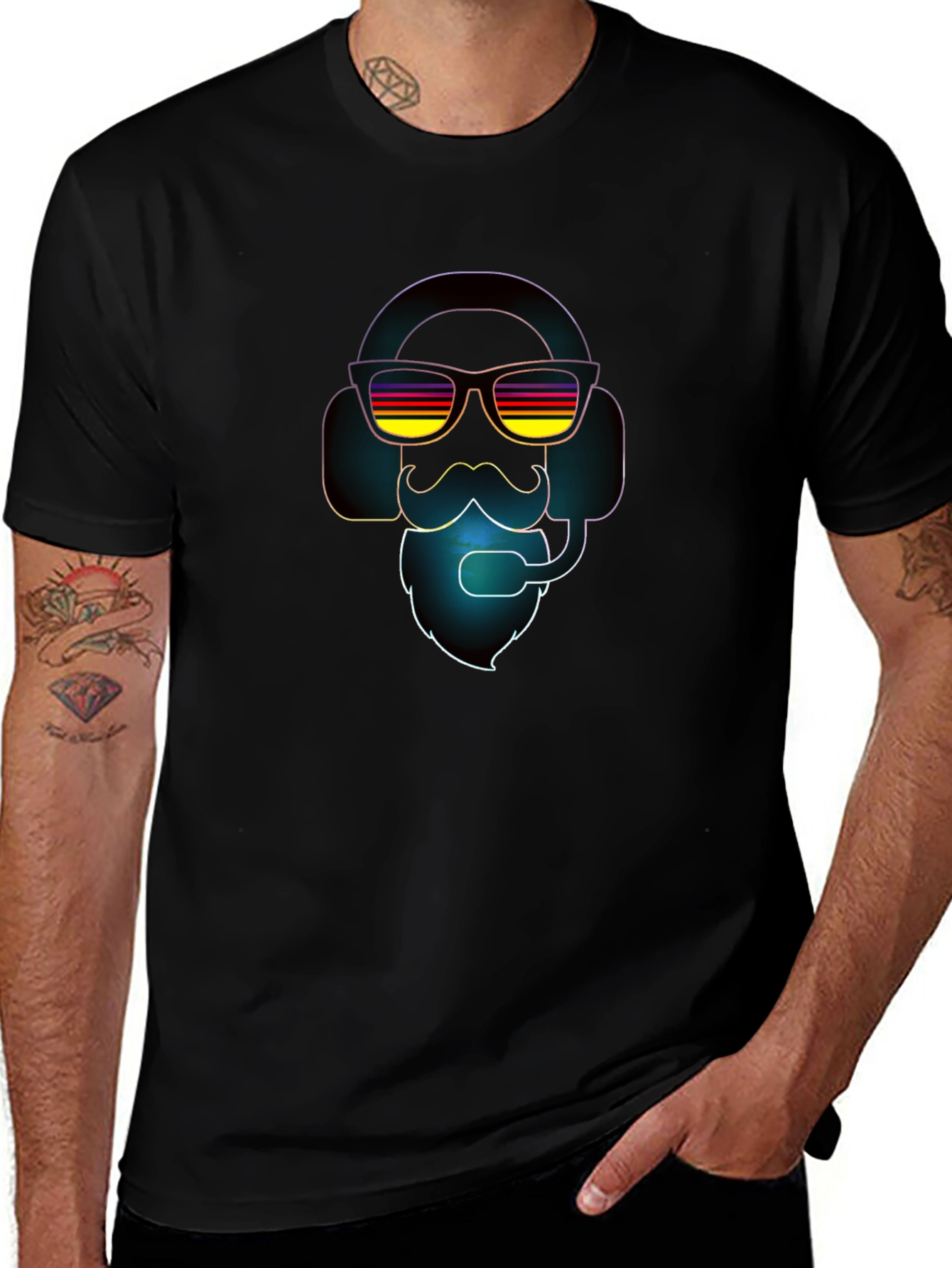 Retro Gamer T-Shirt - Headset Beard Sunglasses