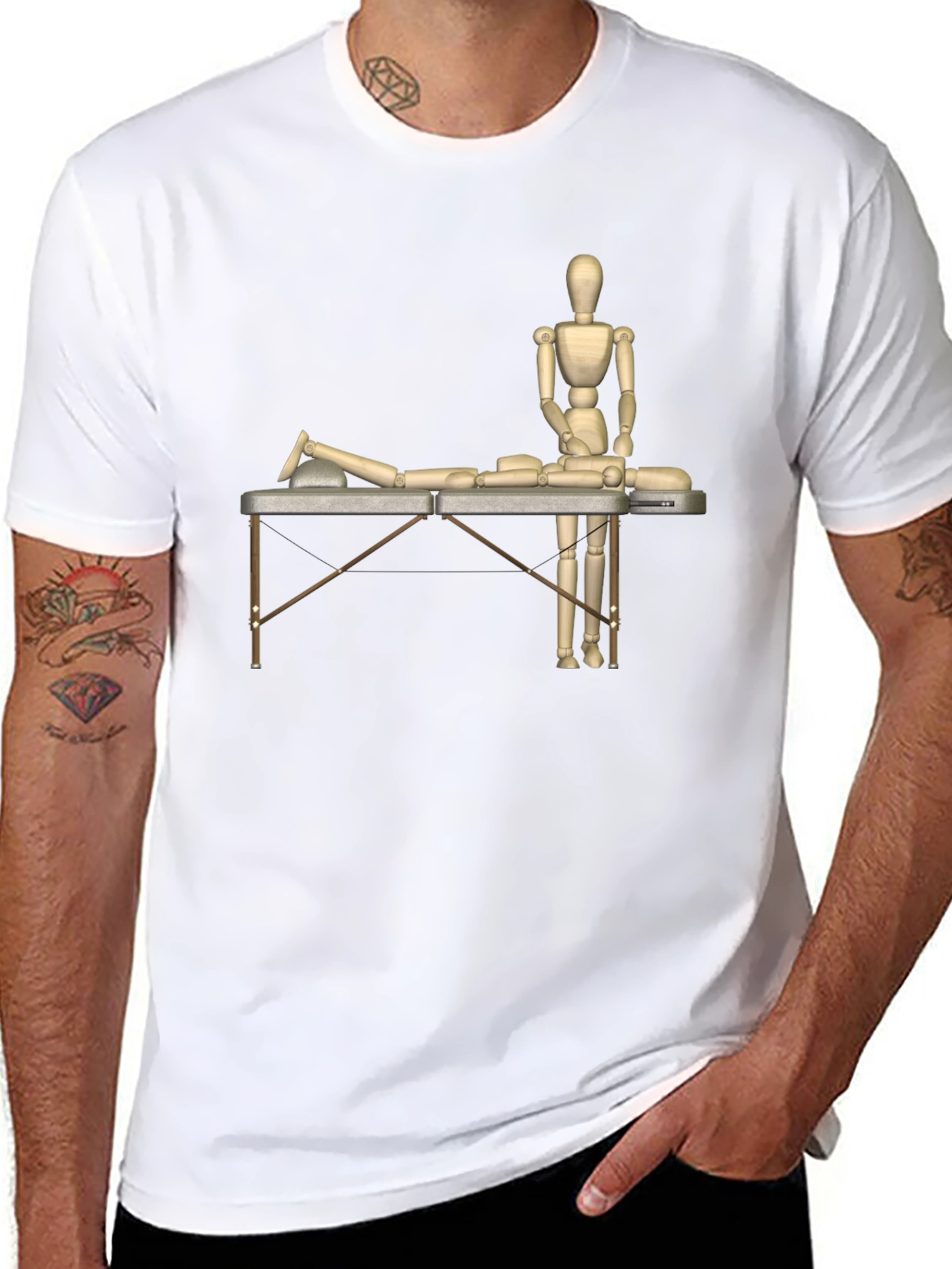 Massage Therapy T-Shirt: Wooden Mannequin Design