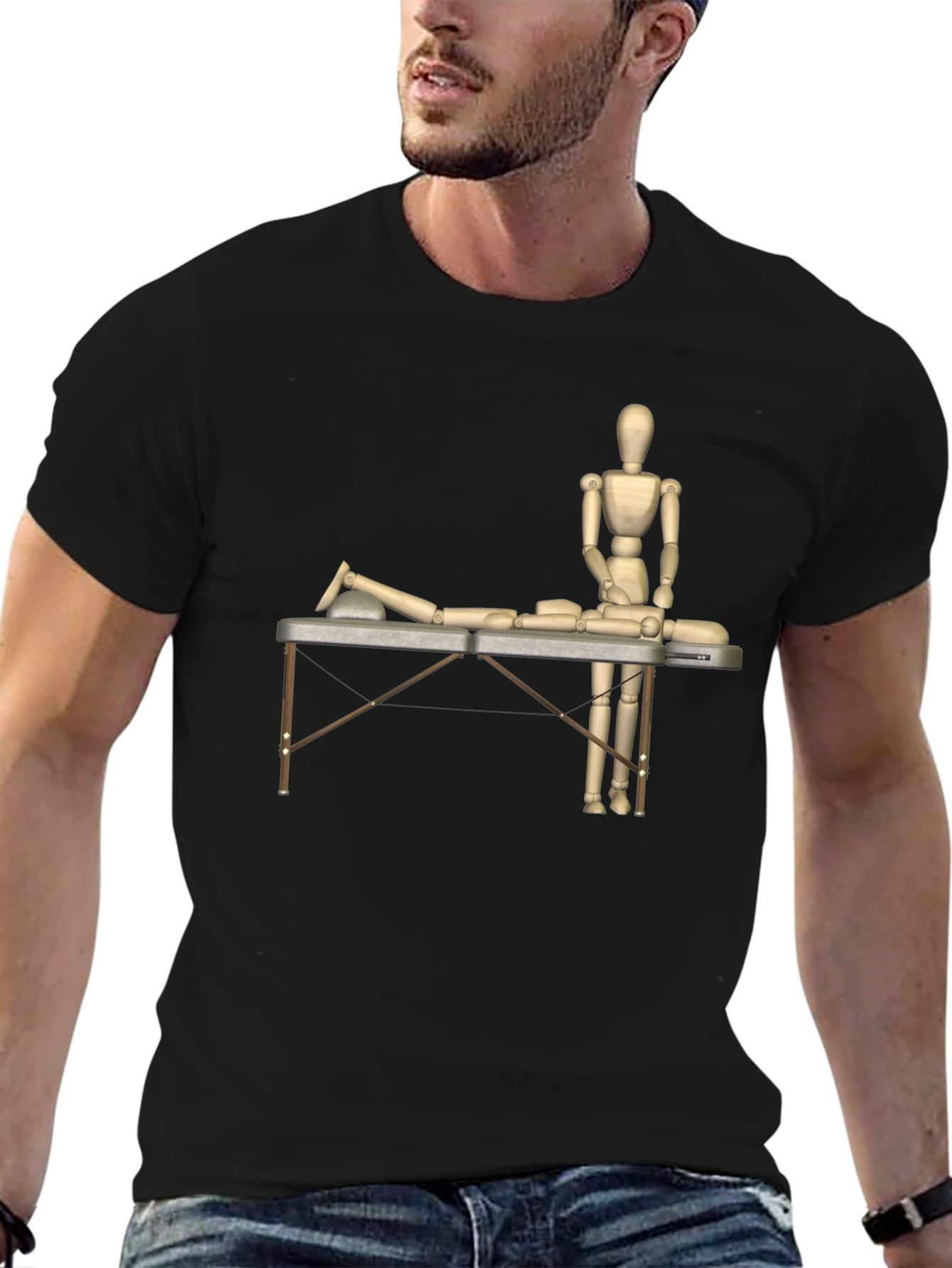 Massage Therapy T-Shirt: Wooden Mannequin Design