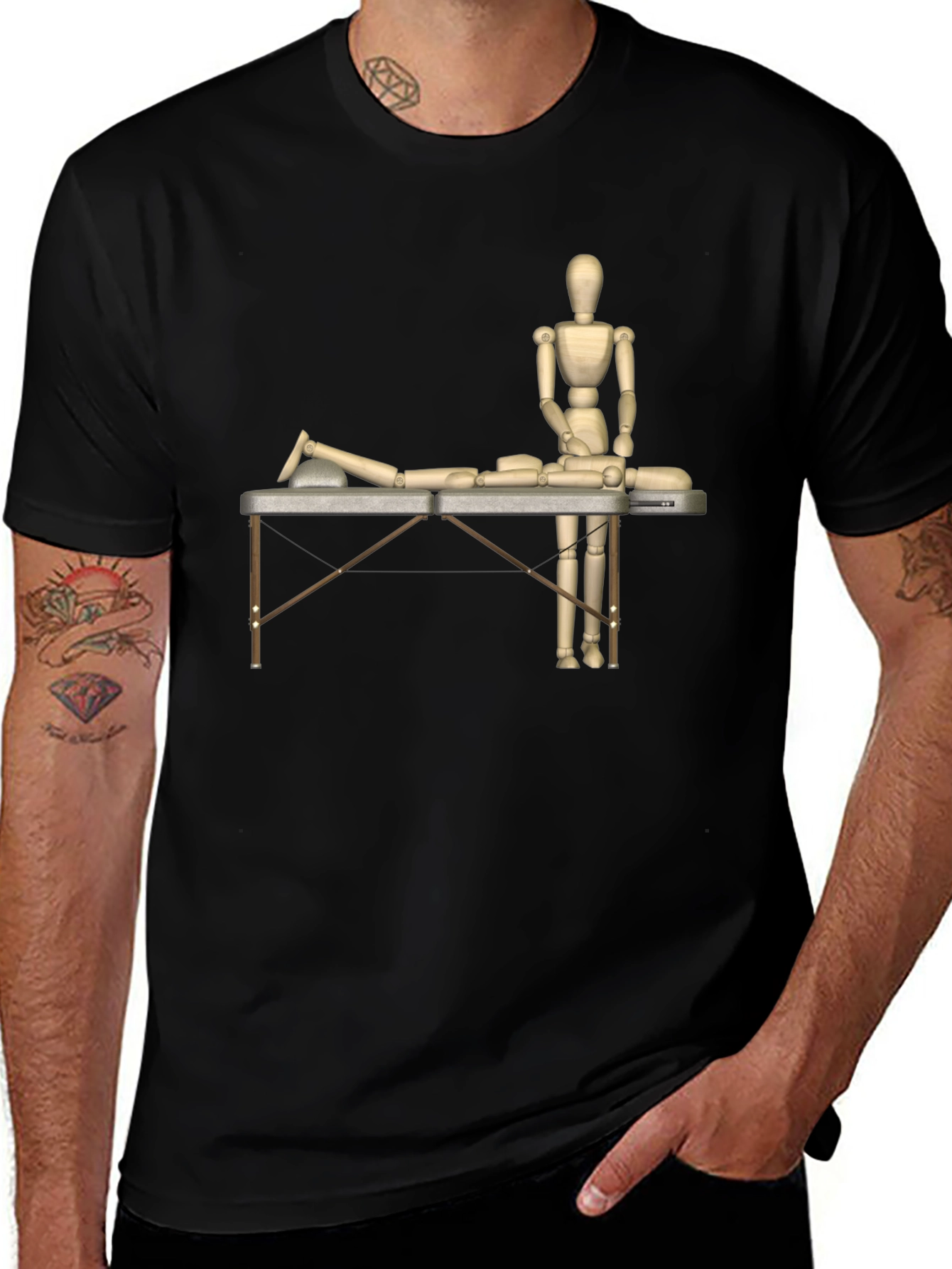 Massage Therapy T-Shirt: Wooden Mannequin Design