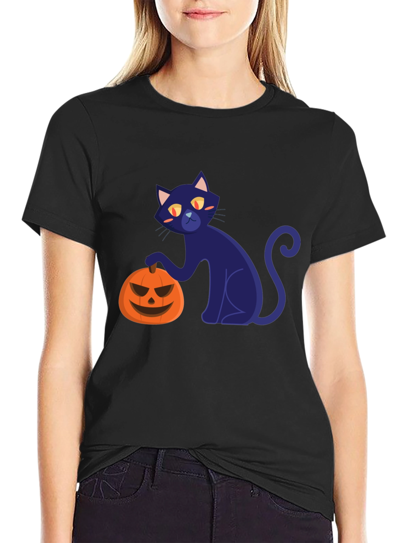 Halloween Black Cat and Pumpkin T-Shirt