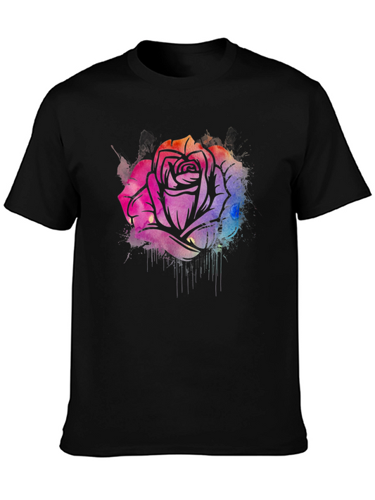 Watercolor Rose Graphic Tee - Stylish Black T-Shirt