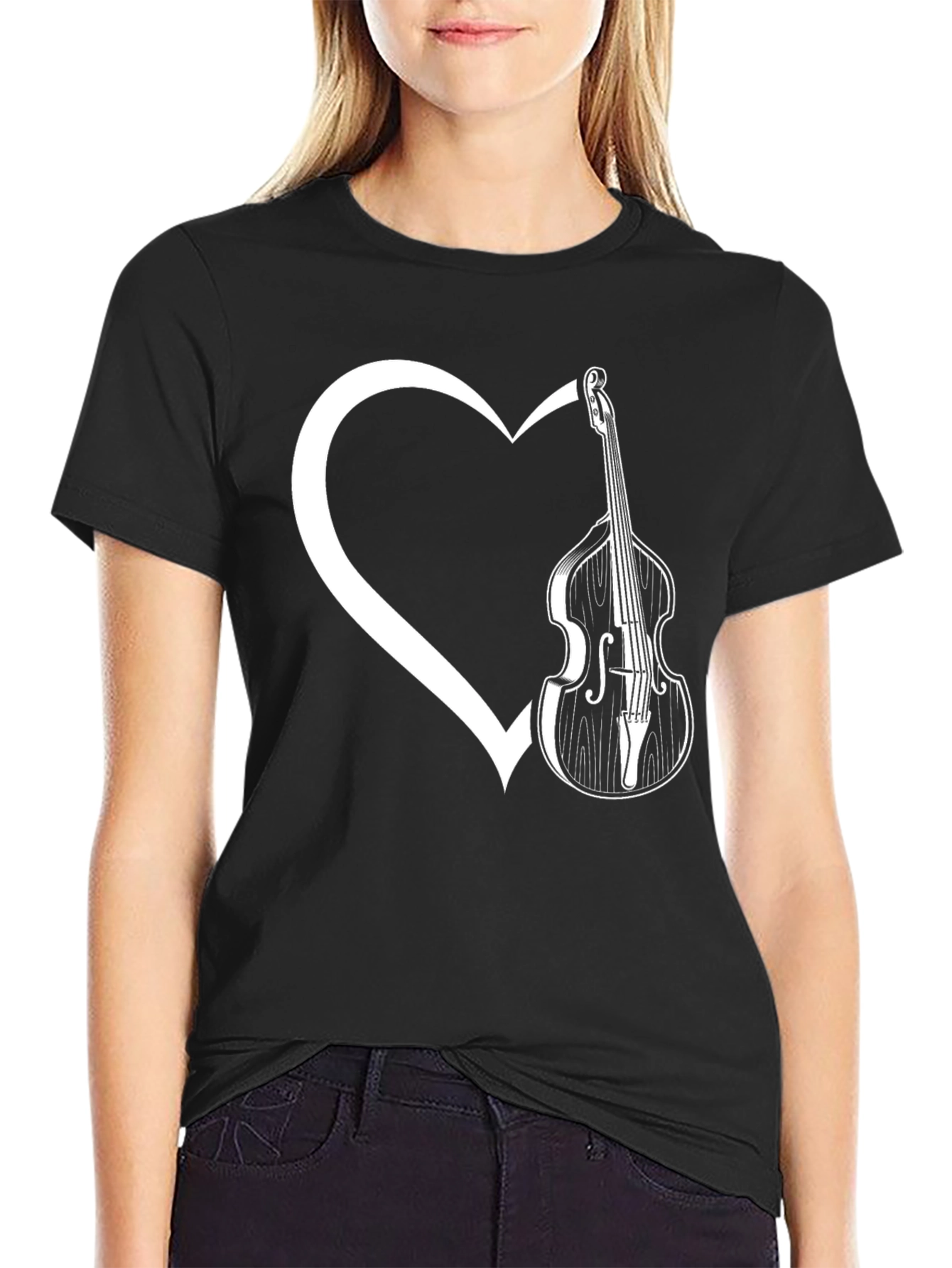 Bass Guitar Heart Graphic Tee - Black Cotton T-Shirt