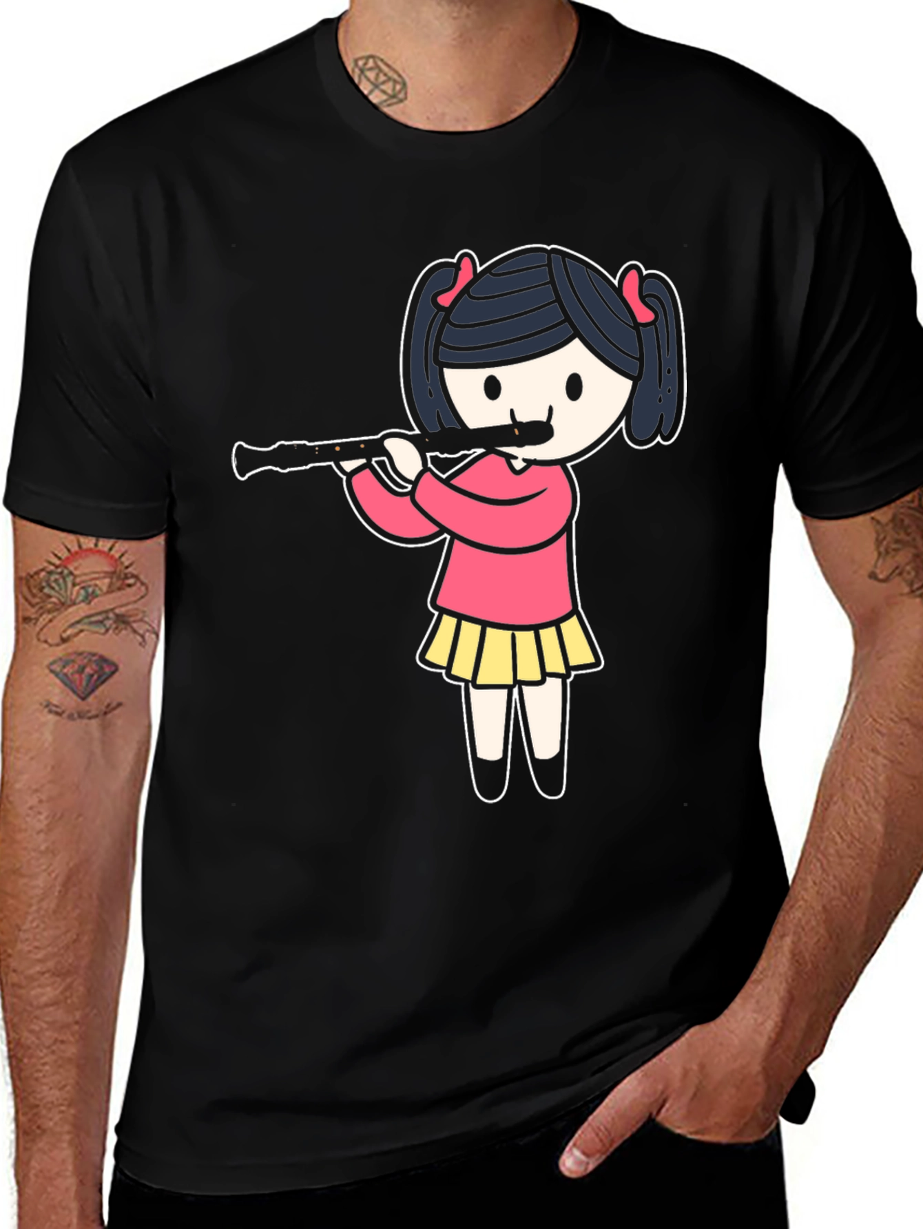 Girl Playing Flute Black T-Shirt