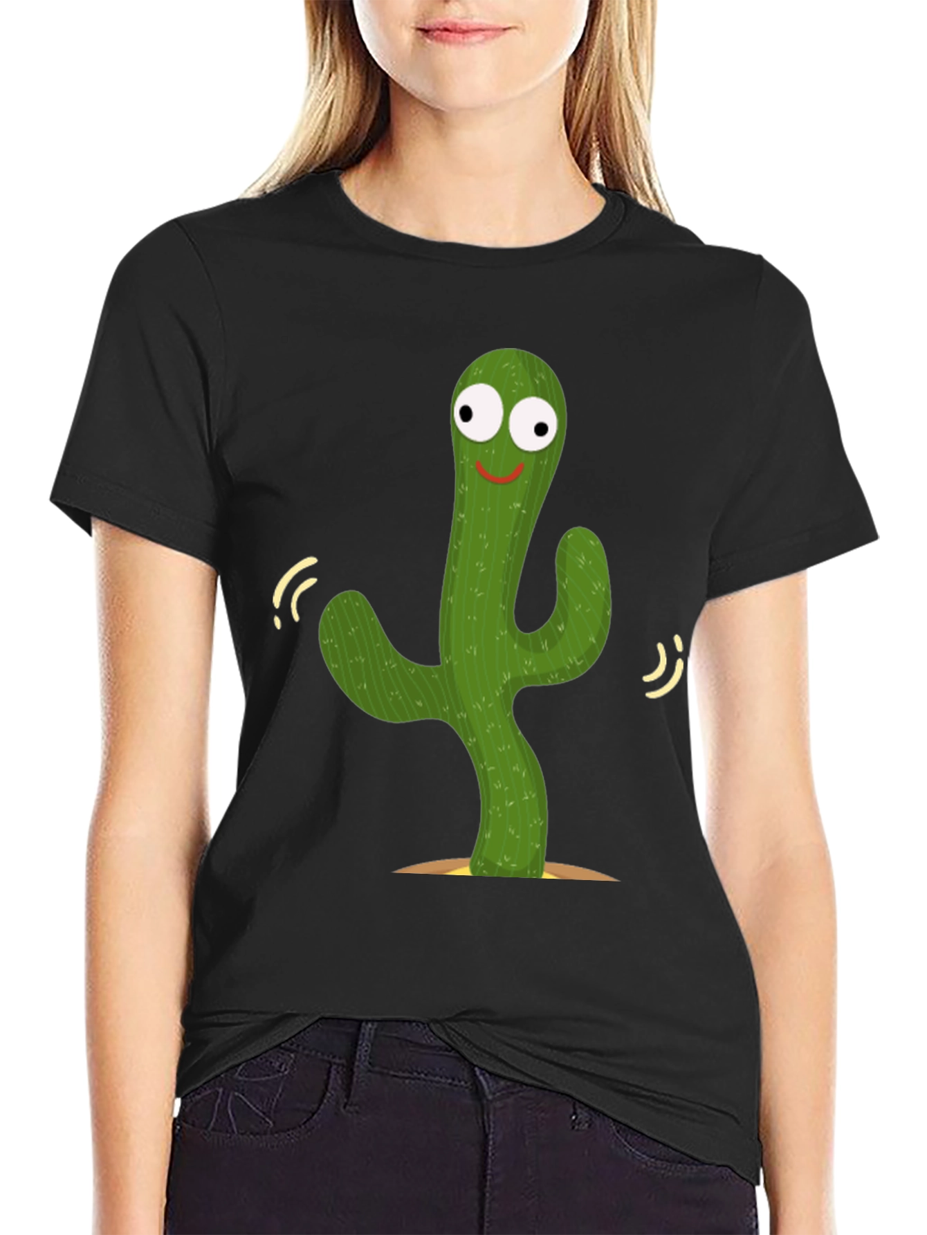Dancing Cactus Graphic Tee - Black Cotton T-Shirt