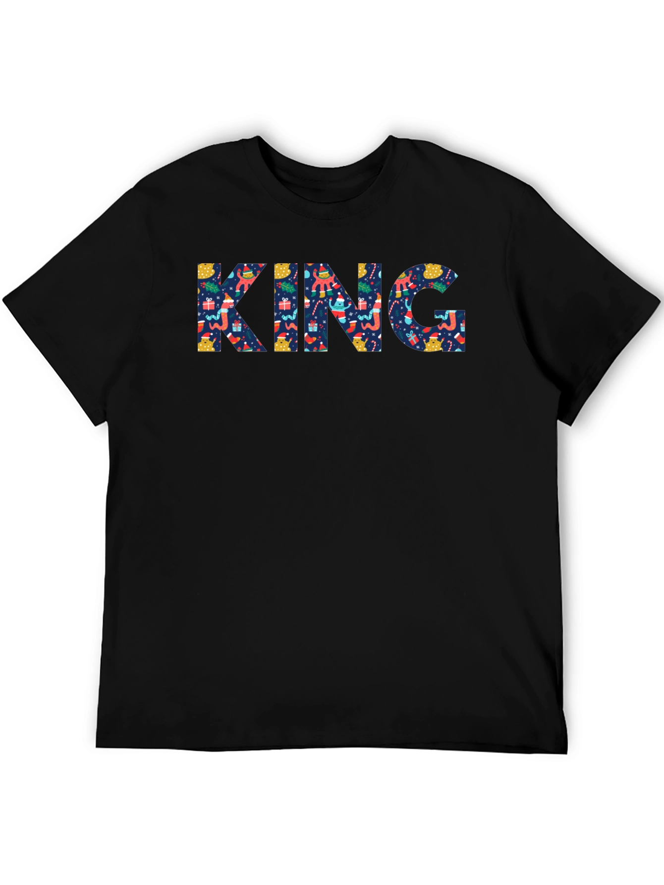 Mens Black Crewneck T-Shirt with KING Christmas Pattern