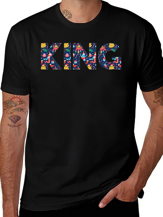 Mens Black Crewneck T-Shirt with KING Christmas Pattern