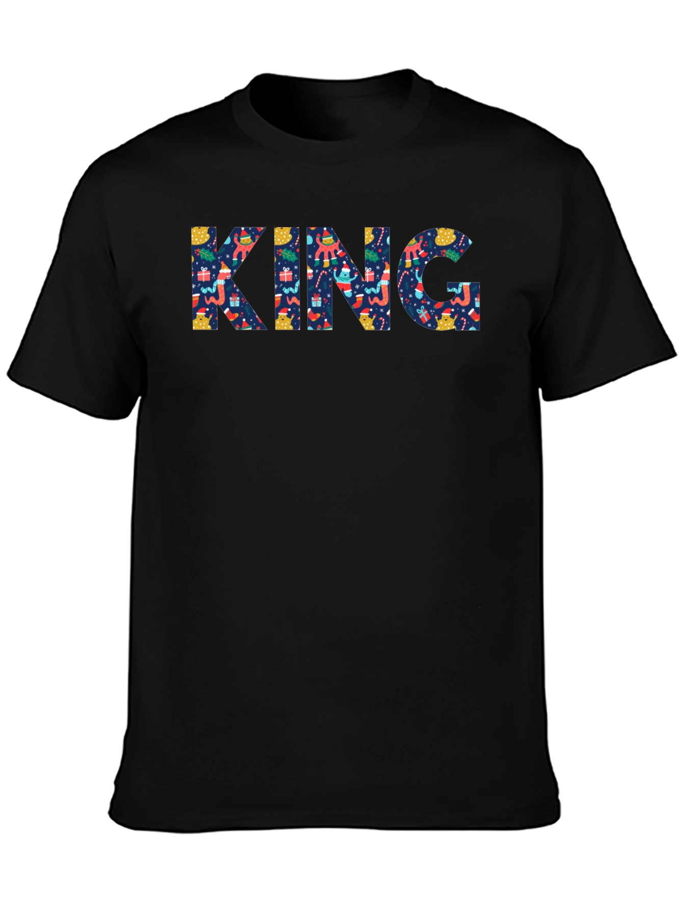 Mens Black Crewneck T-Shirt with KING Christmas Pattern