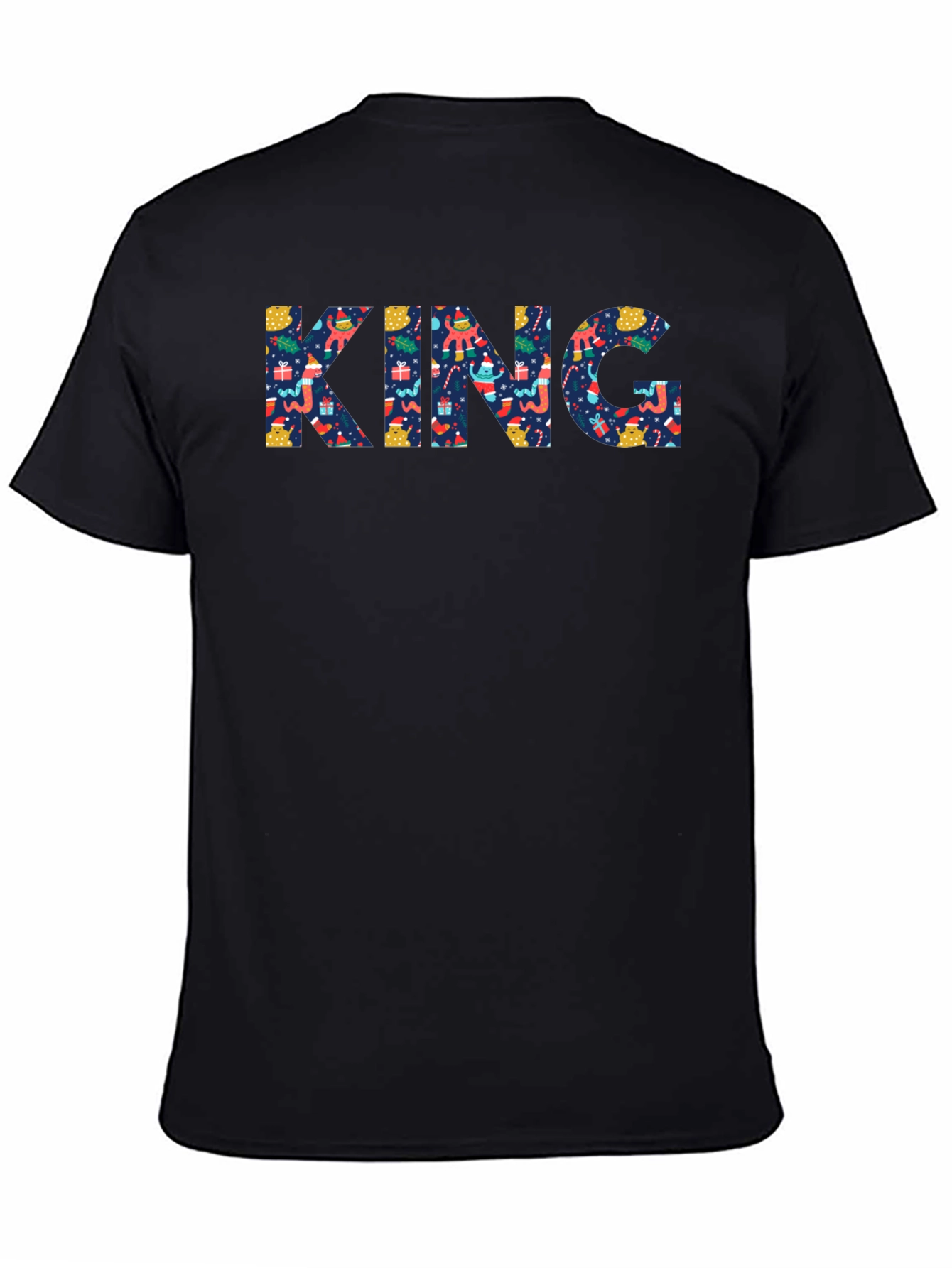 Mens Black Crewneck T-Shirt with KING Christmas Pattern
