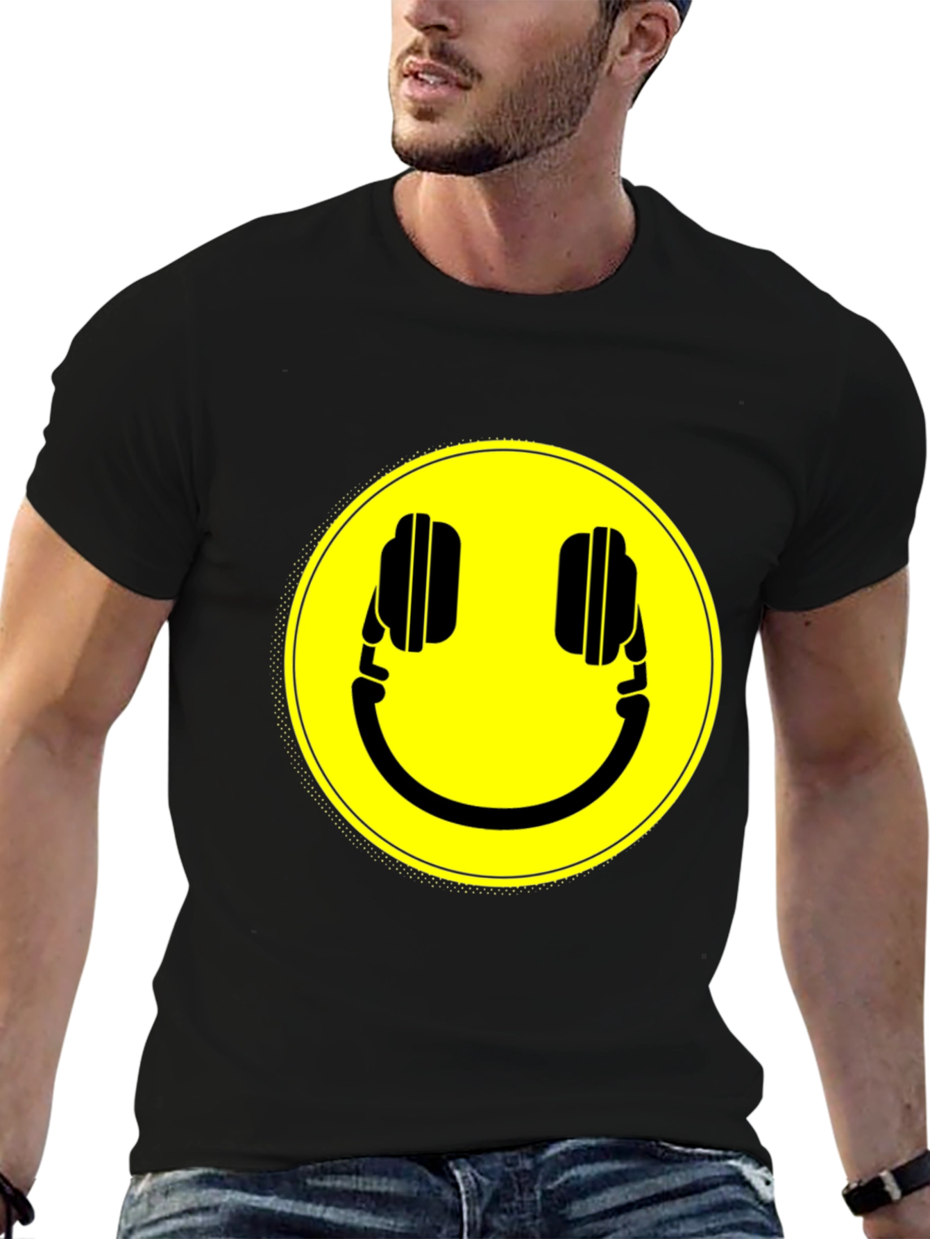 Smiley Headphone Graphic T-Shirt - Casual Black Tee