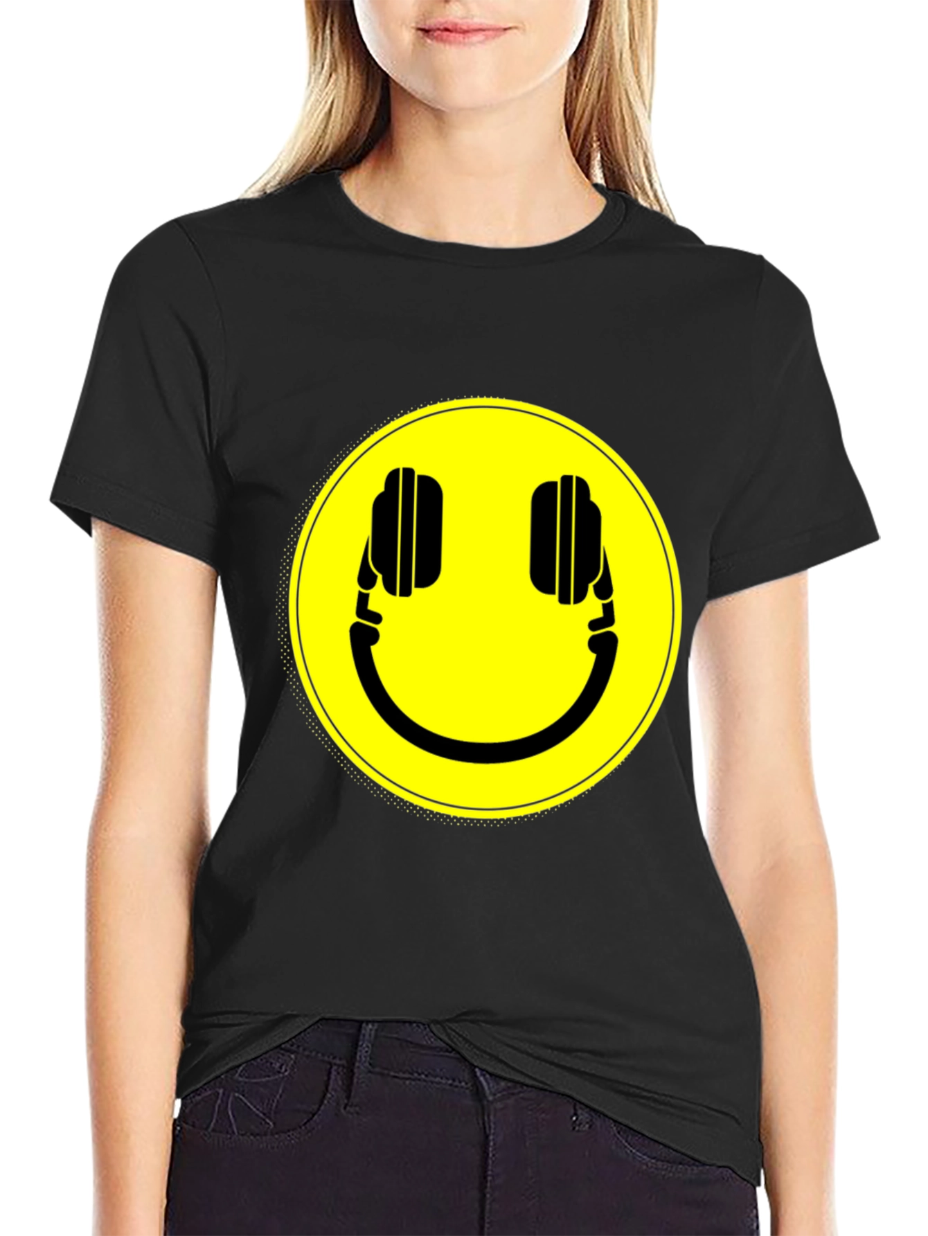 Smiley Headphone Graphic T-Shirt - Casual Black Tee
