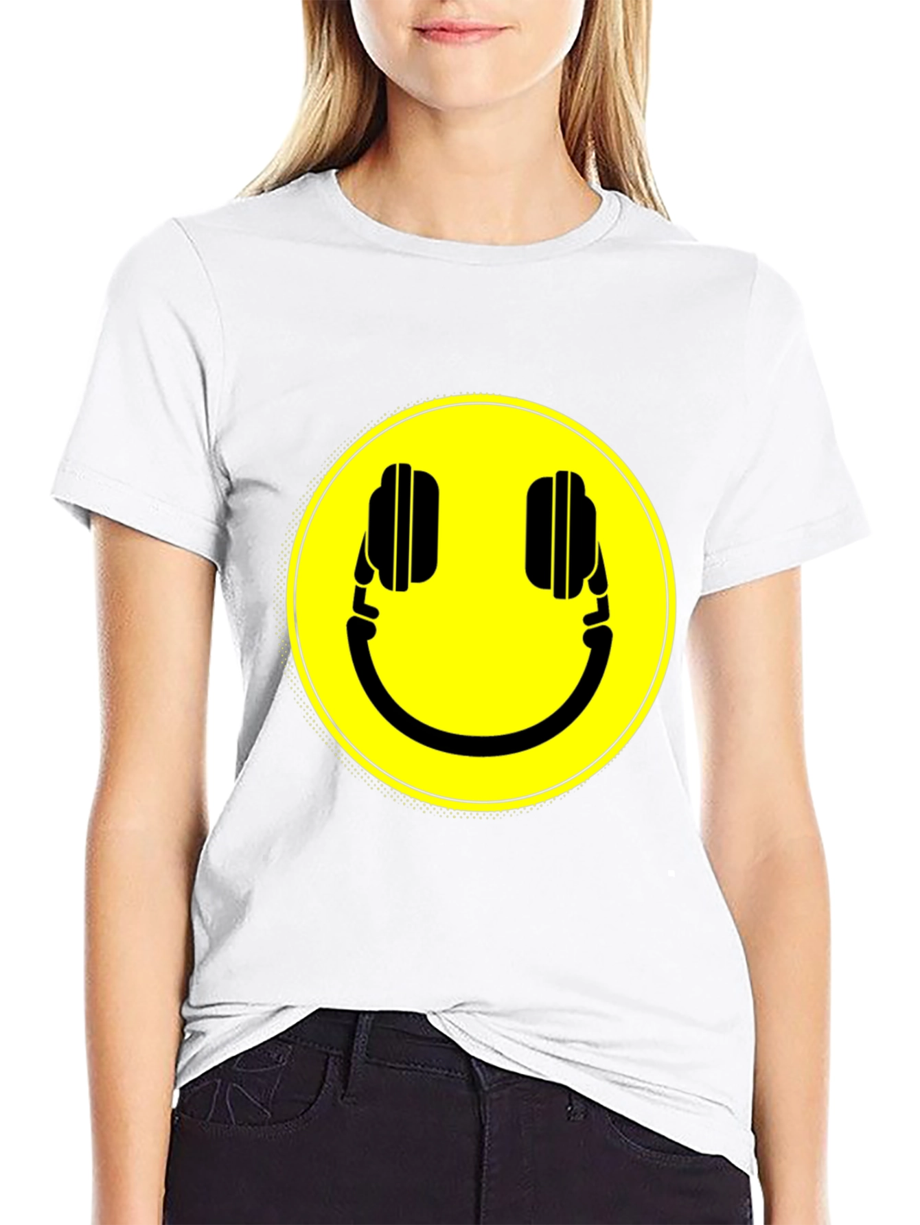 Smiley Headphone Graphic T-Shirt - Casual Black Tee