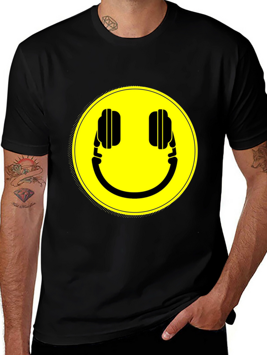Smiley Headphone Graphic T-Shirt - Casual Black Tee