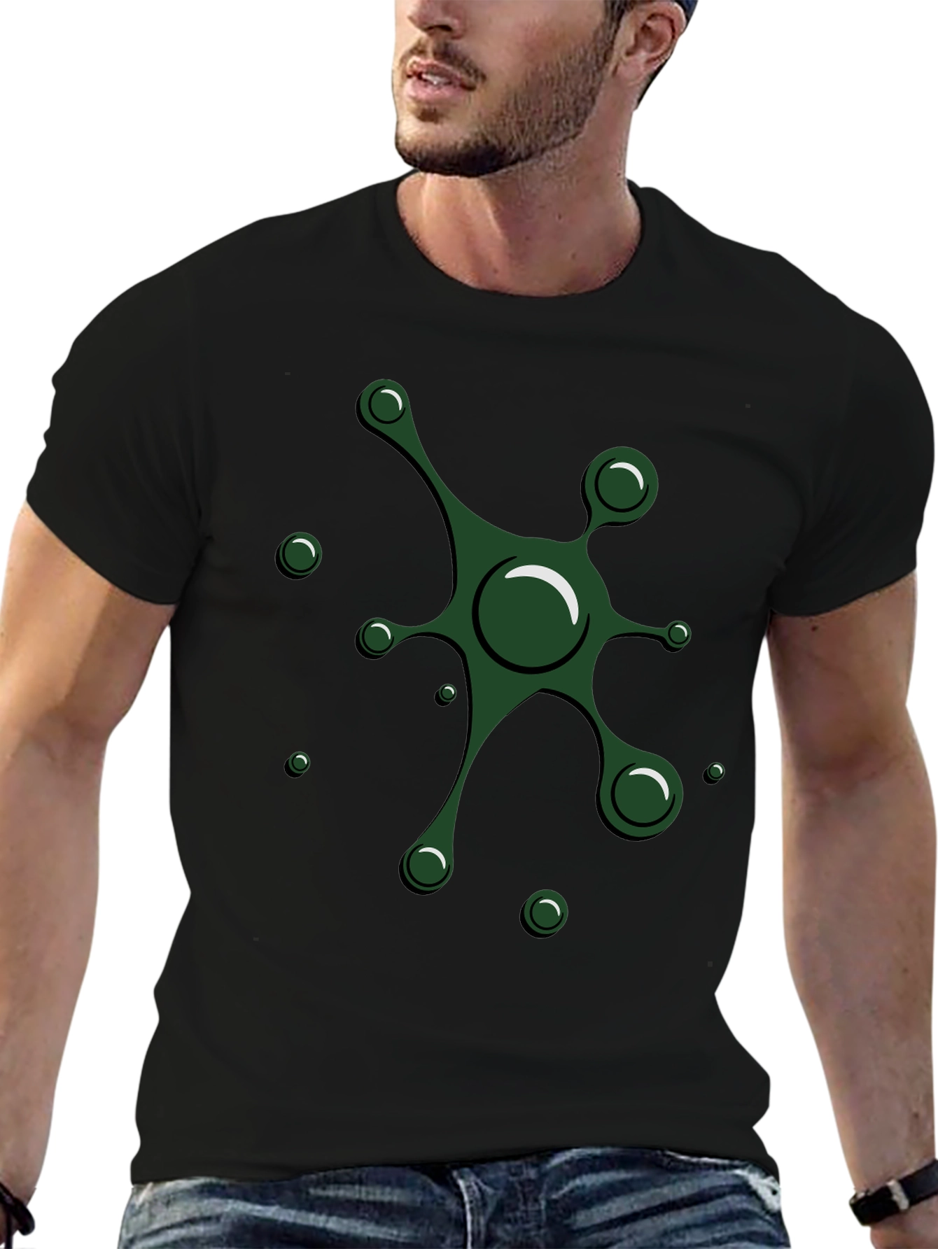 Abstract Green Splatter Design Black T-Shirt