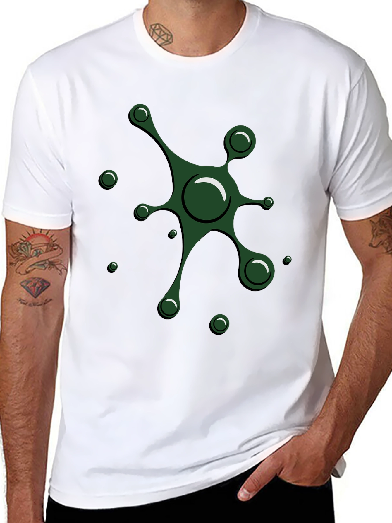 Abstract Green Splatter Design Black T-Shirt