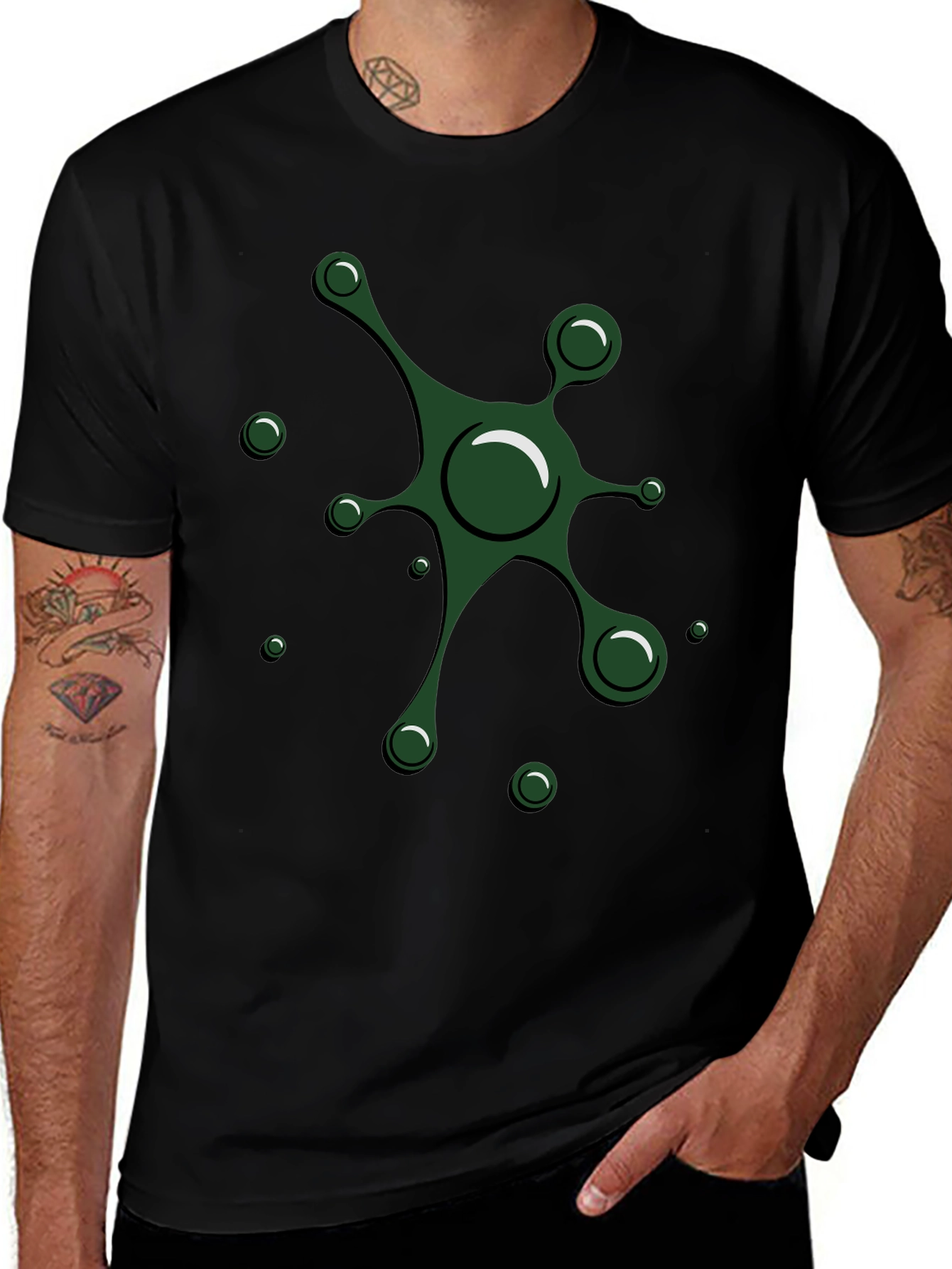 Abstract Green Splatter Design Black T-Shirt