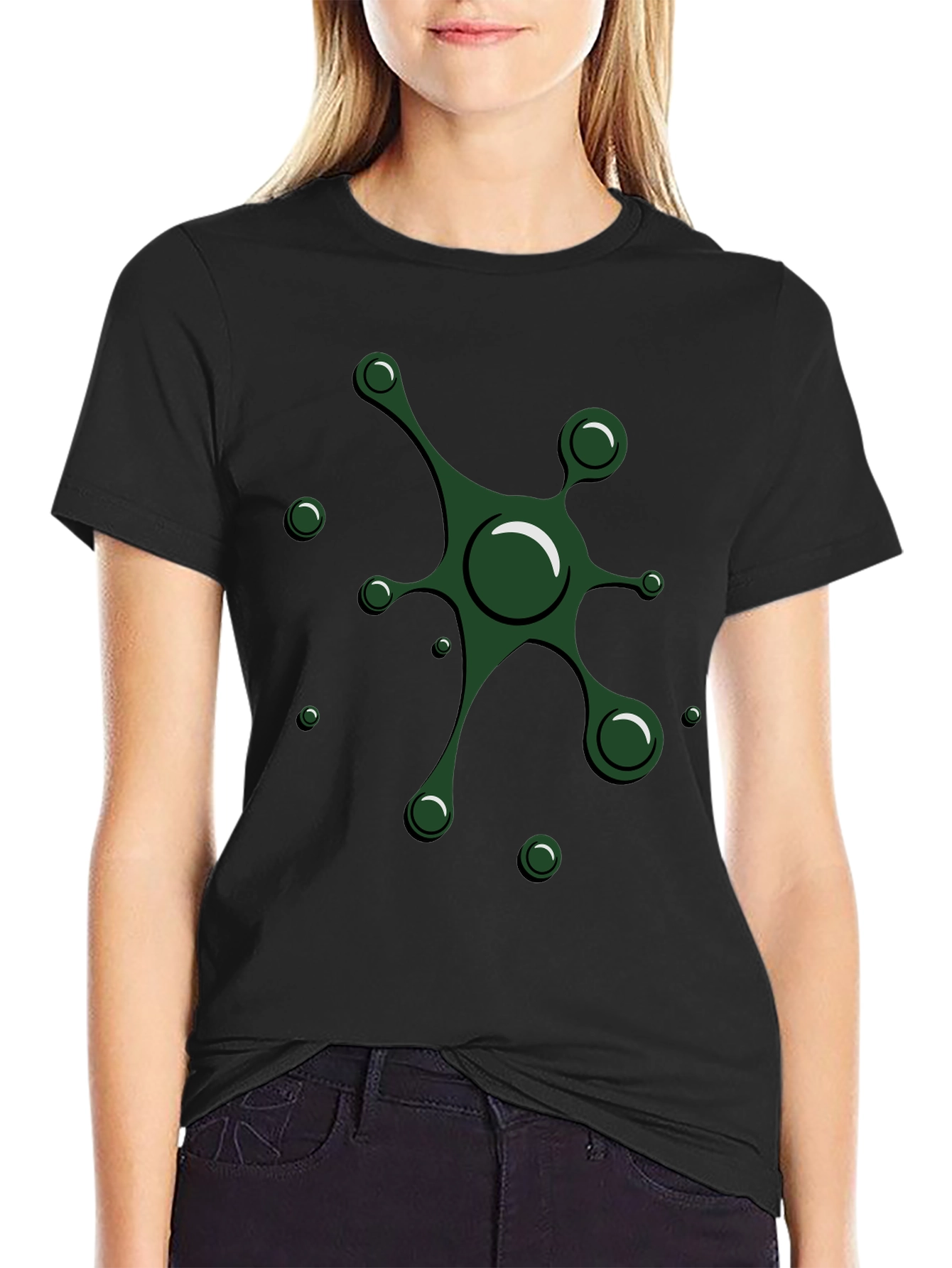 Abstract Green Splatter Design Black T-Shirt