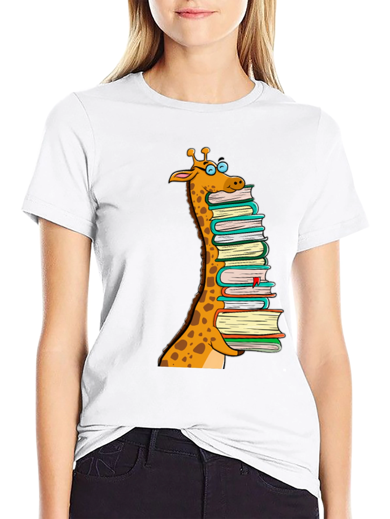Giraffe Stack of Books Graphic T-Shirt