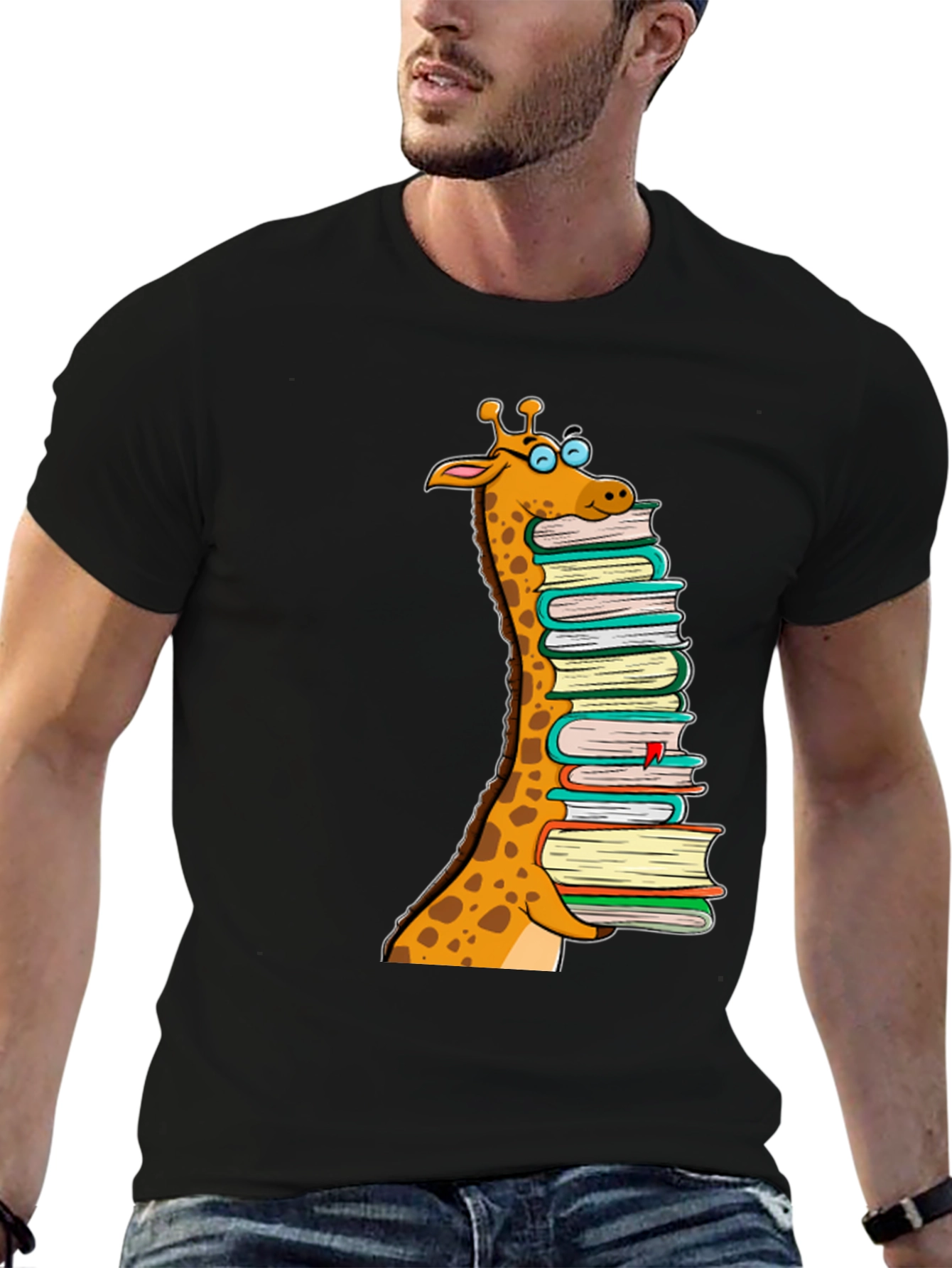 Giraffe Stack of Books Graphic T-Shirt