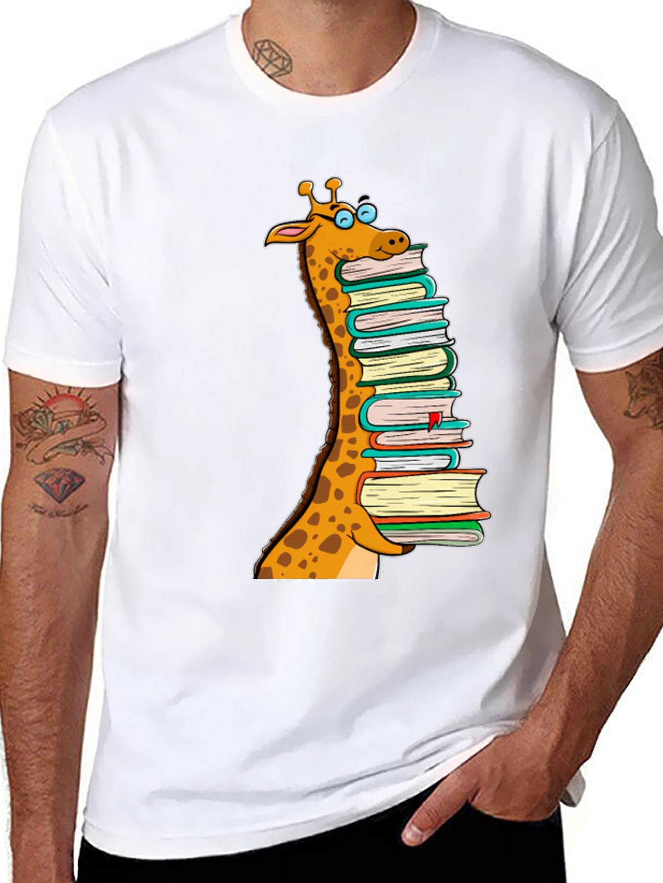 Giraffe Stack of Books Graphic T-Shirt