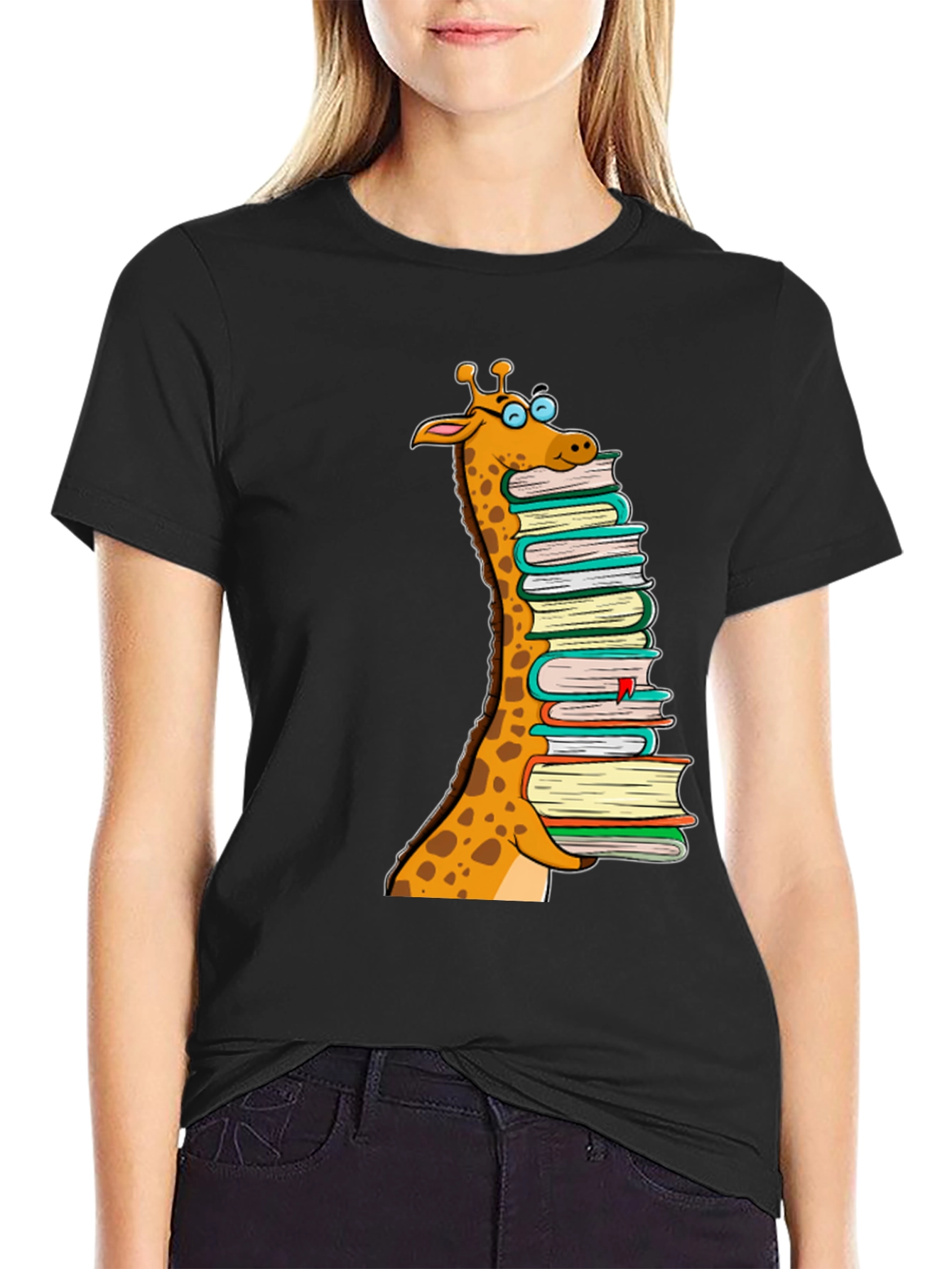Giraffe Stack of Books Graphic T-Shirt