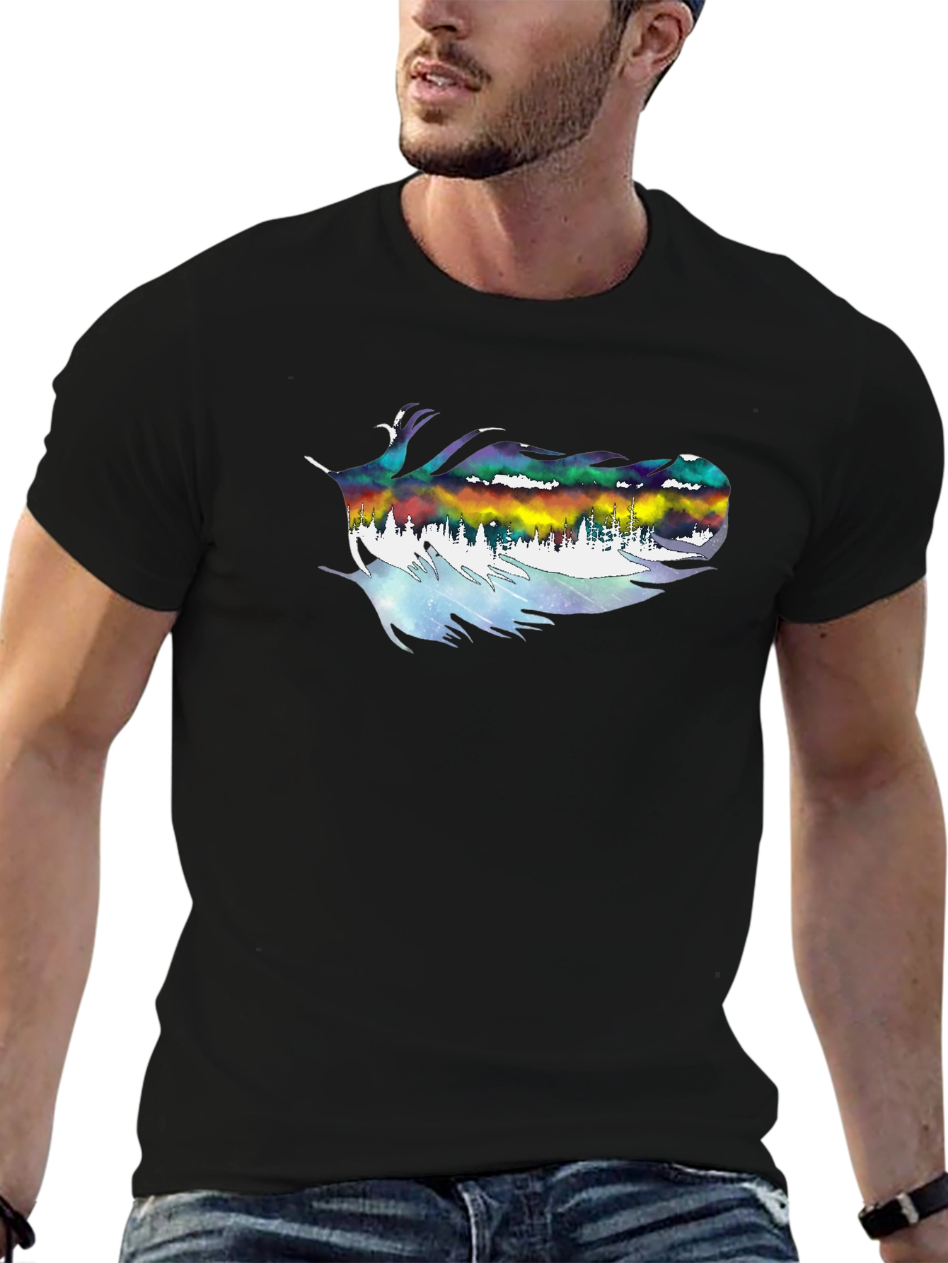 Aurora Feather Graphic Tee - Mens Black T-Shirt
