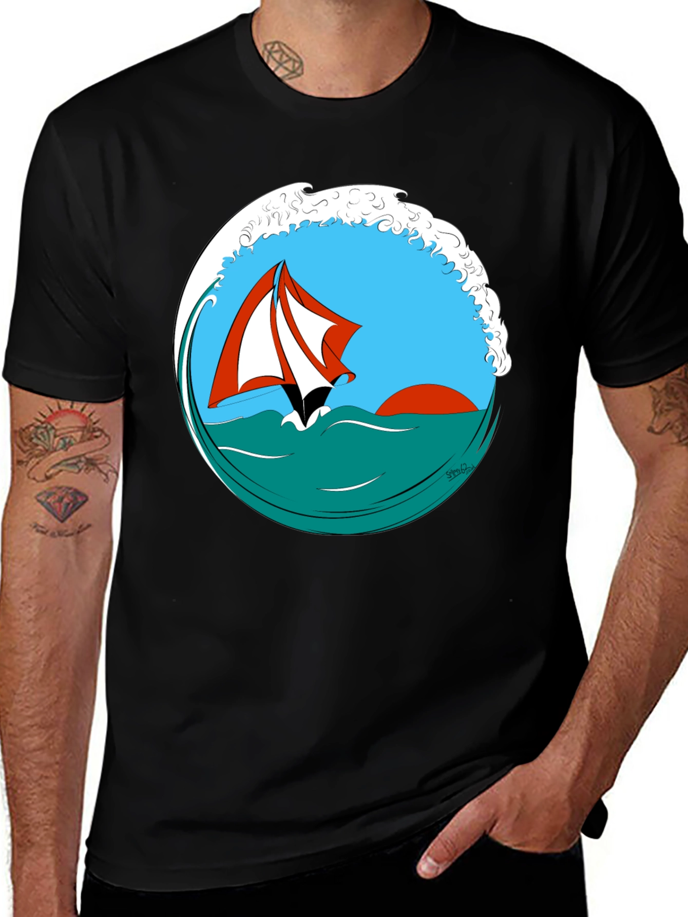 Sailboat Wave Graphic Tee - Black