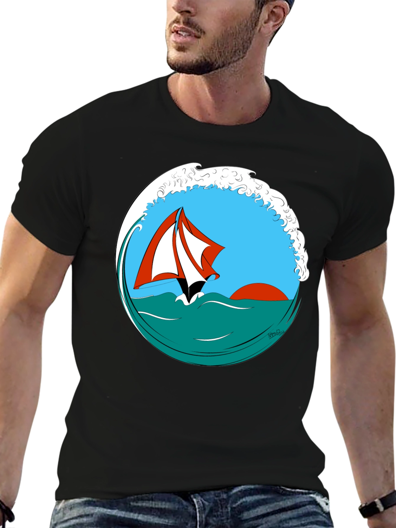 Sailboat Wave Graphic Tee - Black