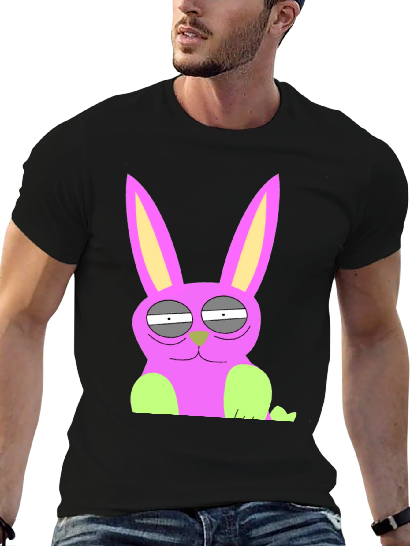 Funny Cartoon Rabbit Graphic Tee - Black Cotton T-Shirt