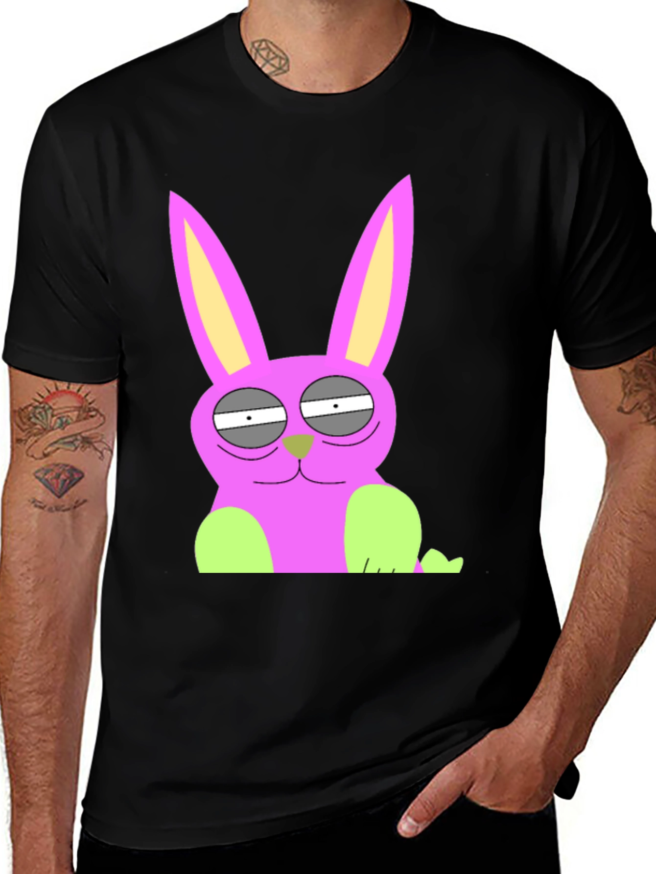 Funny Cartoon Rabbit Graphic Tee - Black Cotton T-Shirt