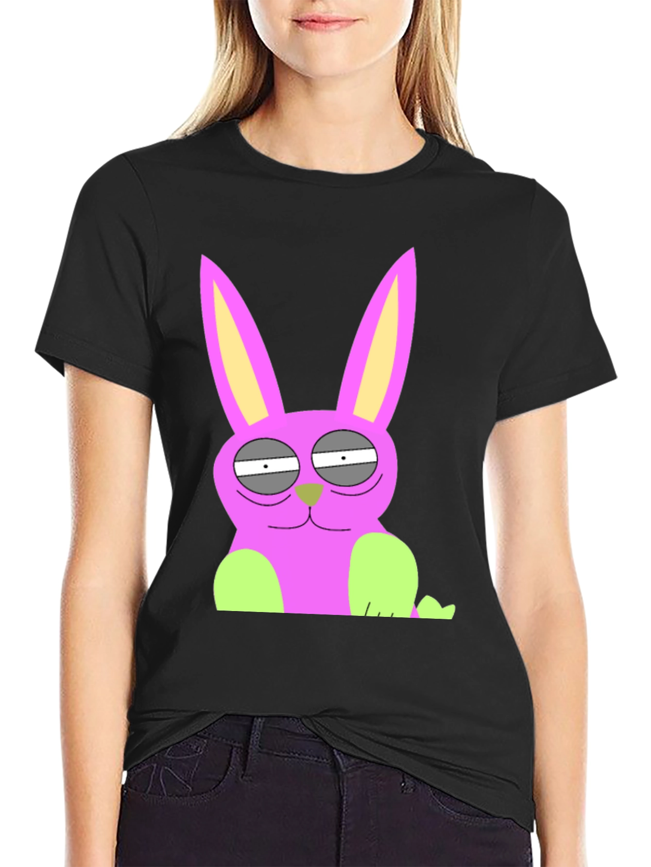 Funny Cartoon Rabbit Graphic Tee - Black Cotton T-Shirt