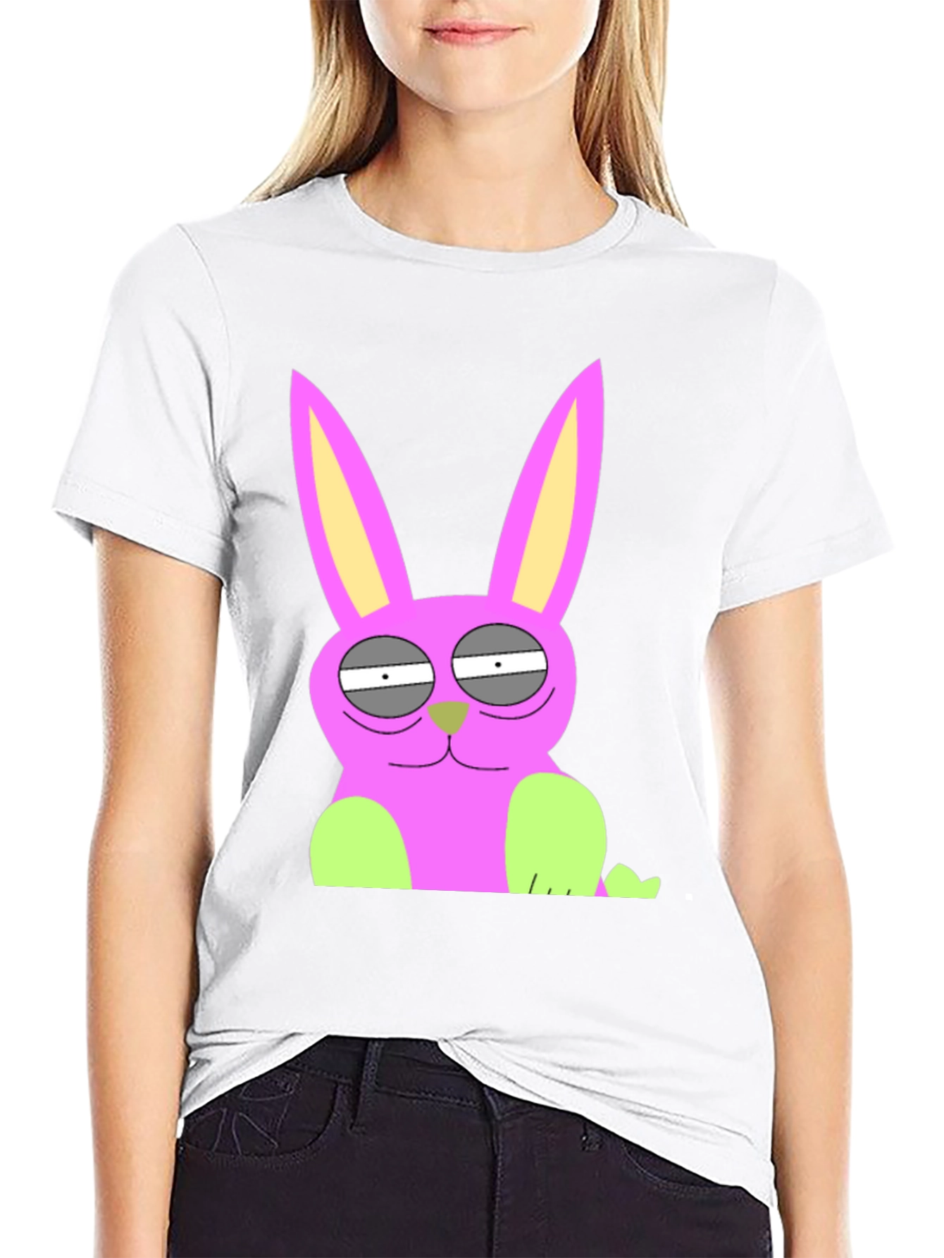 Funny Cartoon Rabbit Graphic Tee - Black Cotton T-Shirt