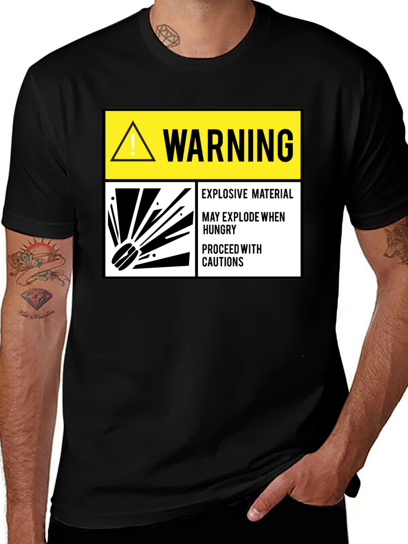 Warning Explosive Material T-Shirt Funny Hunger Tee