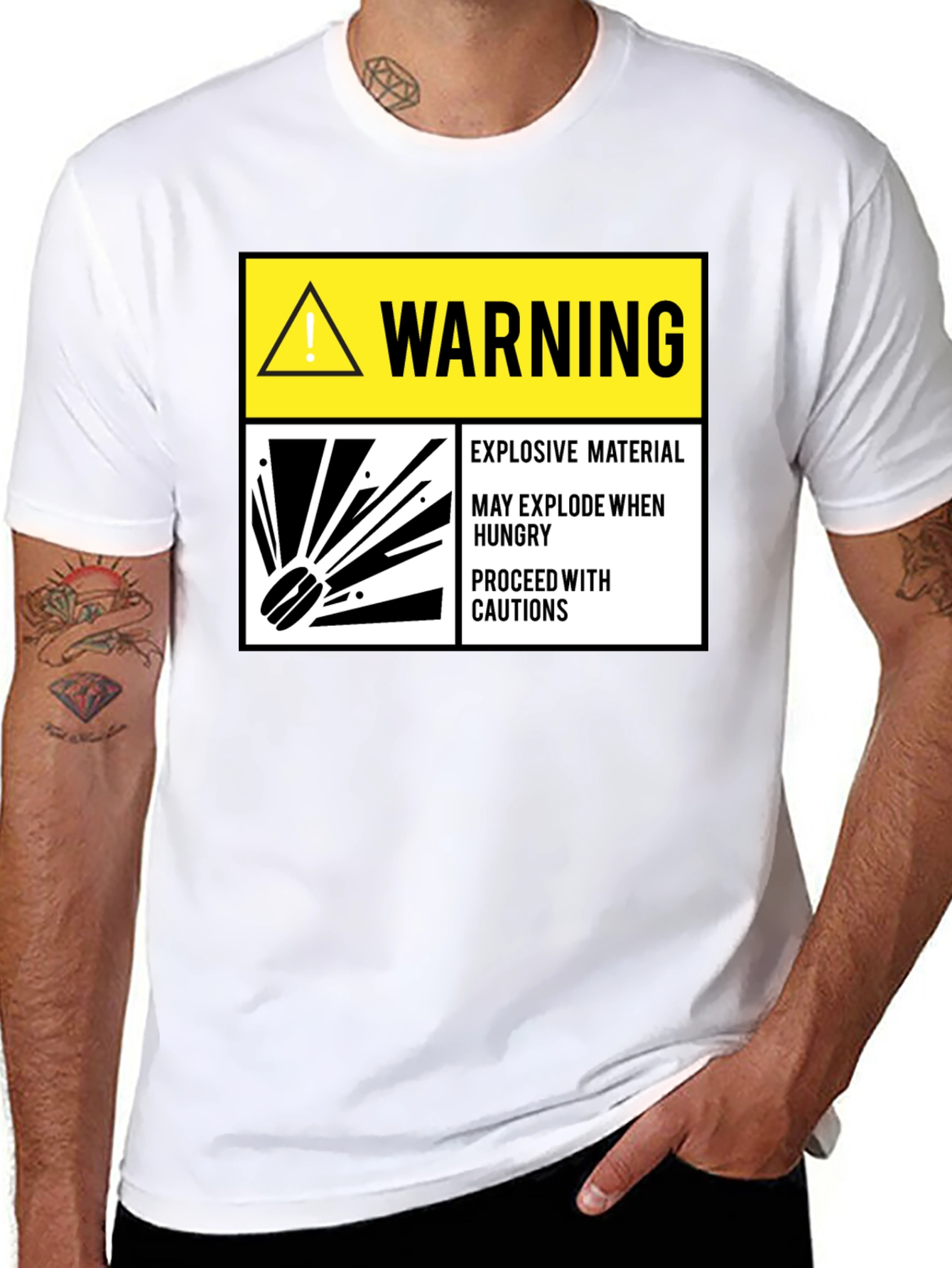 Warning Explosive Material T-Shirt Funny Hunger Tee