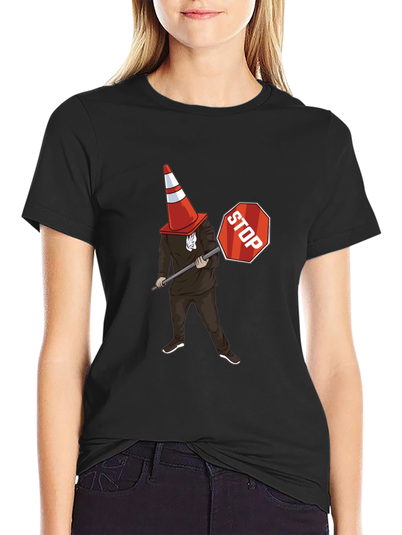 Traffic Cone Stop Sign Graphic T-Shirt