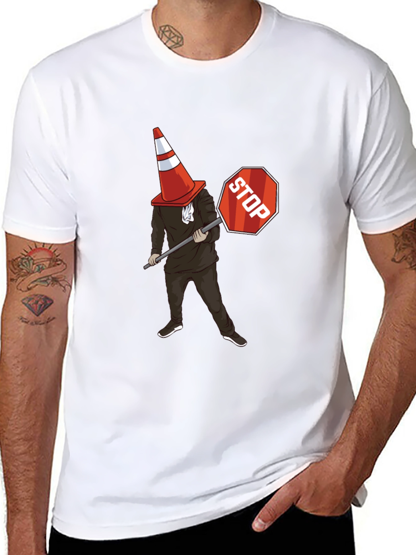 Traffic Cone Stop Sign Graphic T-Shirt