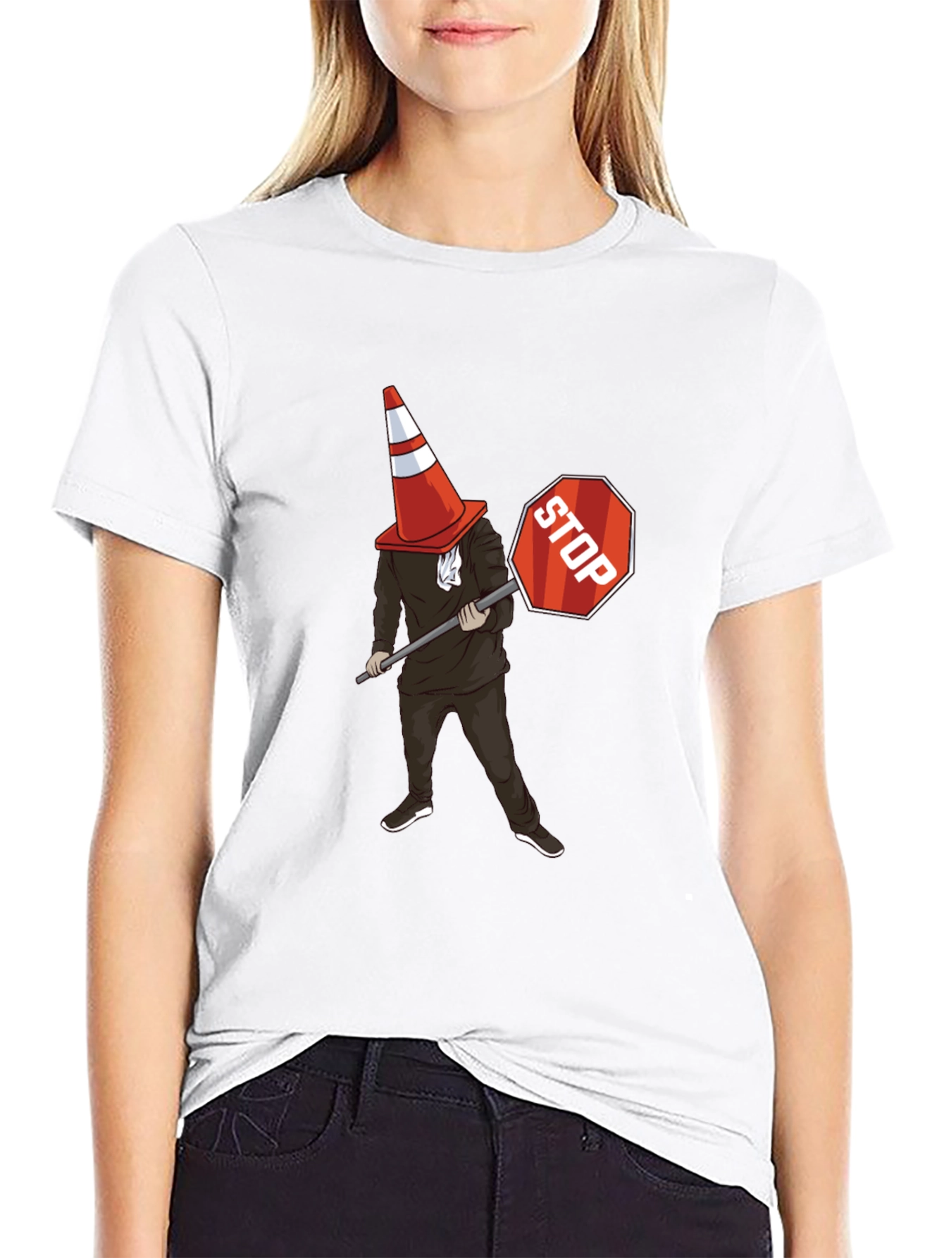 Traffic Cone Stop Sign Graphic T-Shirt