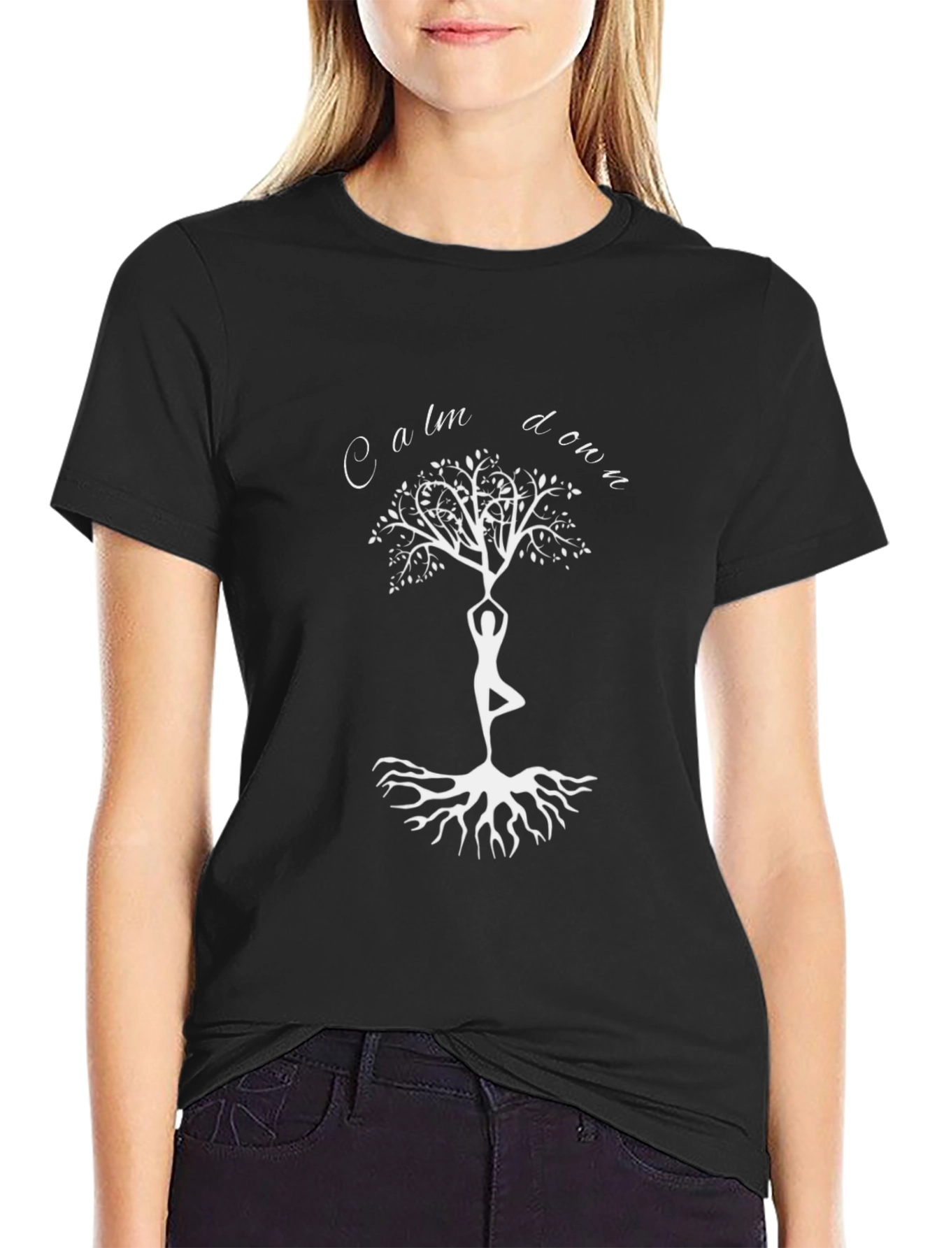 Calm Down Tree Yoga Graphic Tee - Black